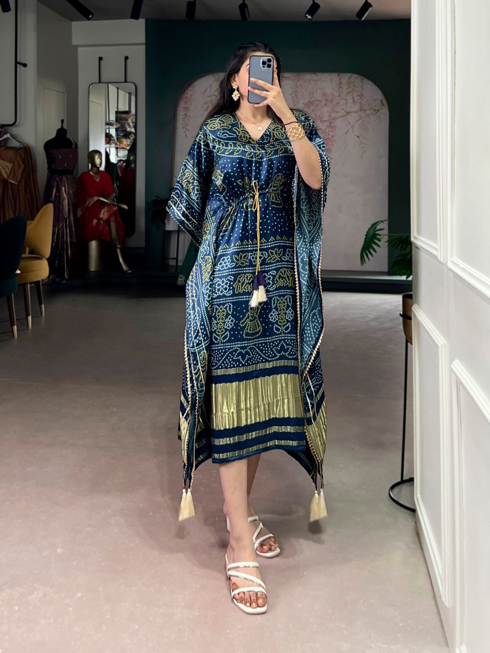 Blue Bandhani Print Pure Gajji Silk Kaftan | Nardev Fashion