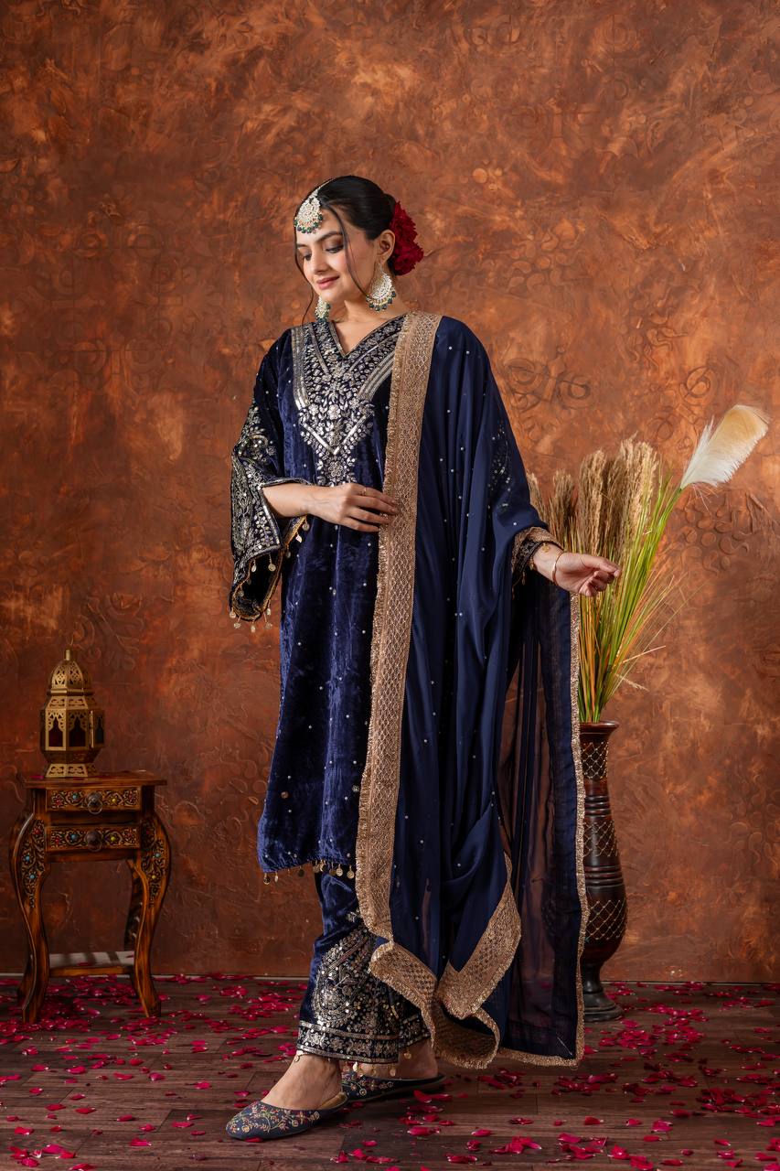 Blue Color Winter Velvet Suit – Ready to Wear (M–XXL) | Nardev Fashion