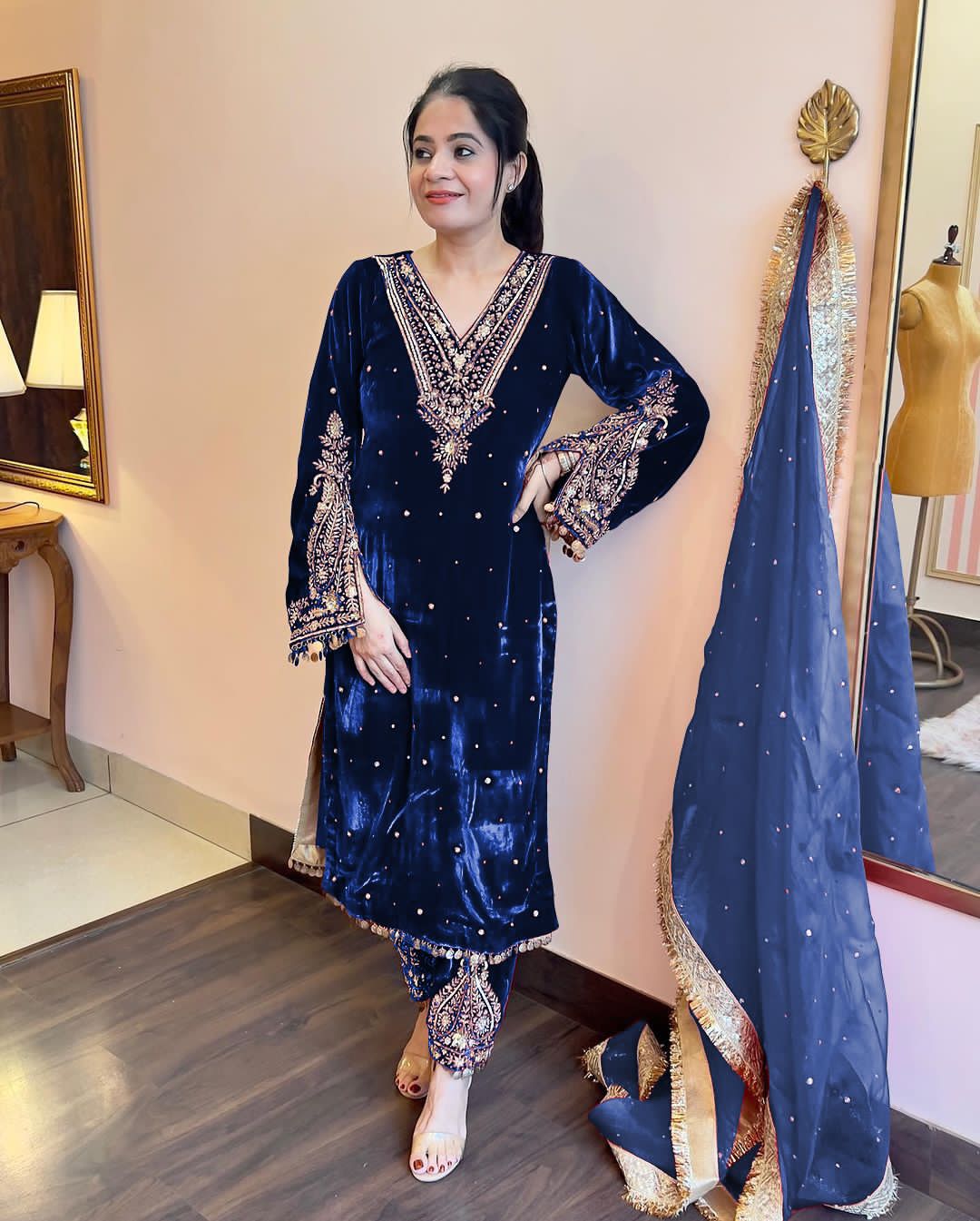 Blue Color Winter Velvet Suit – Ready to Wear (M–XXL) | Nardev Fashion