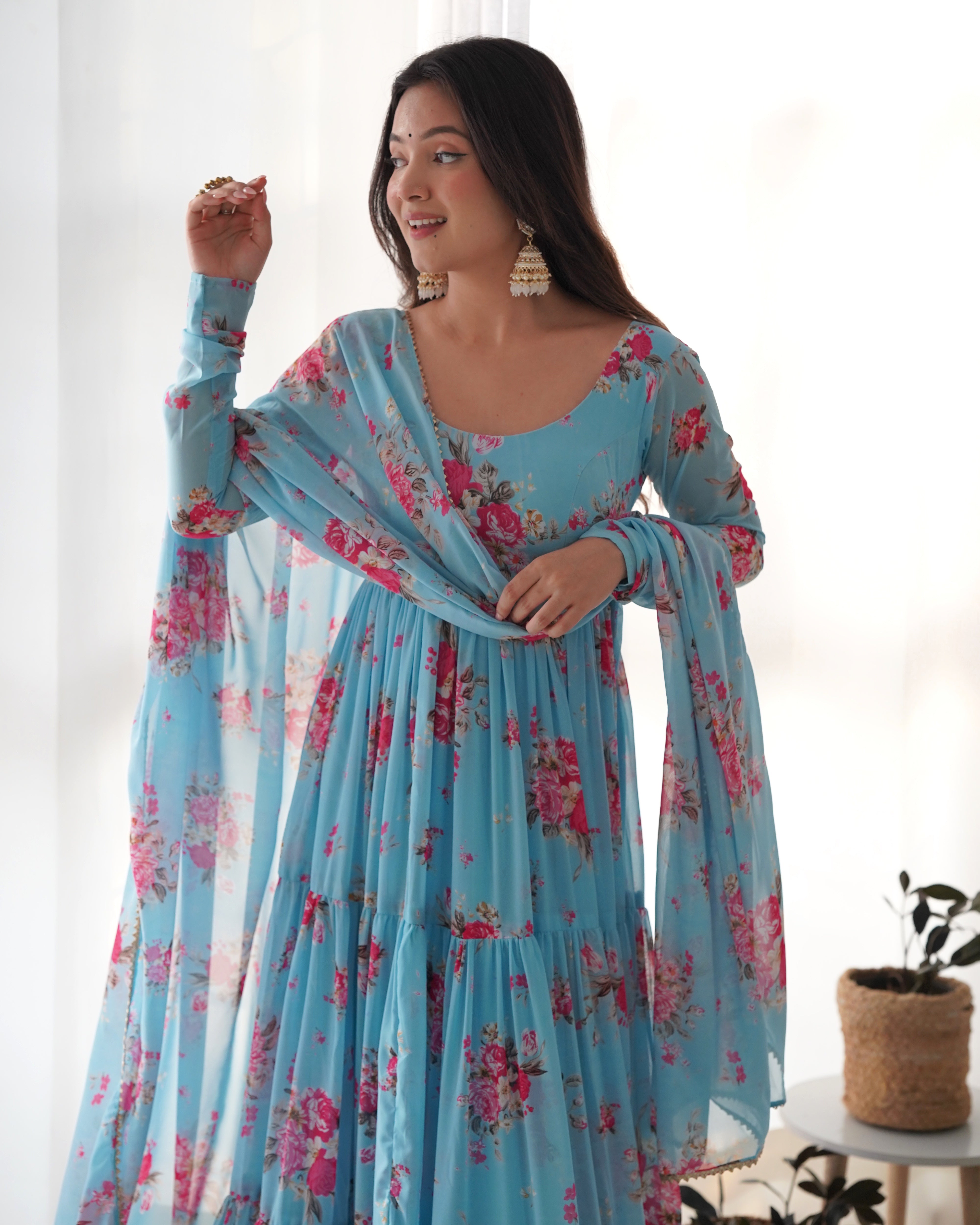 Blue Color floral printed Anarkali set