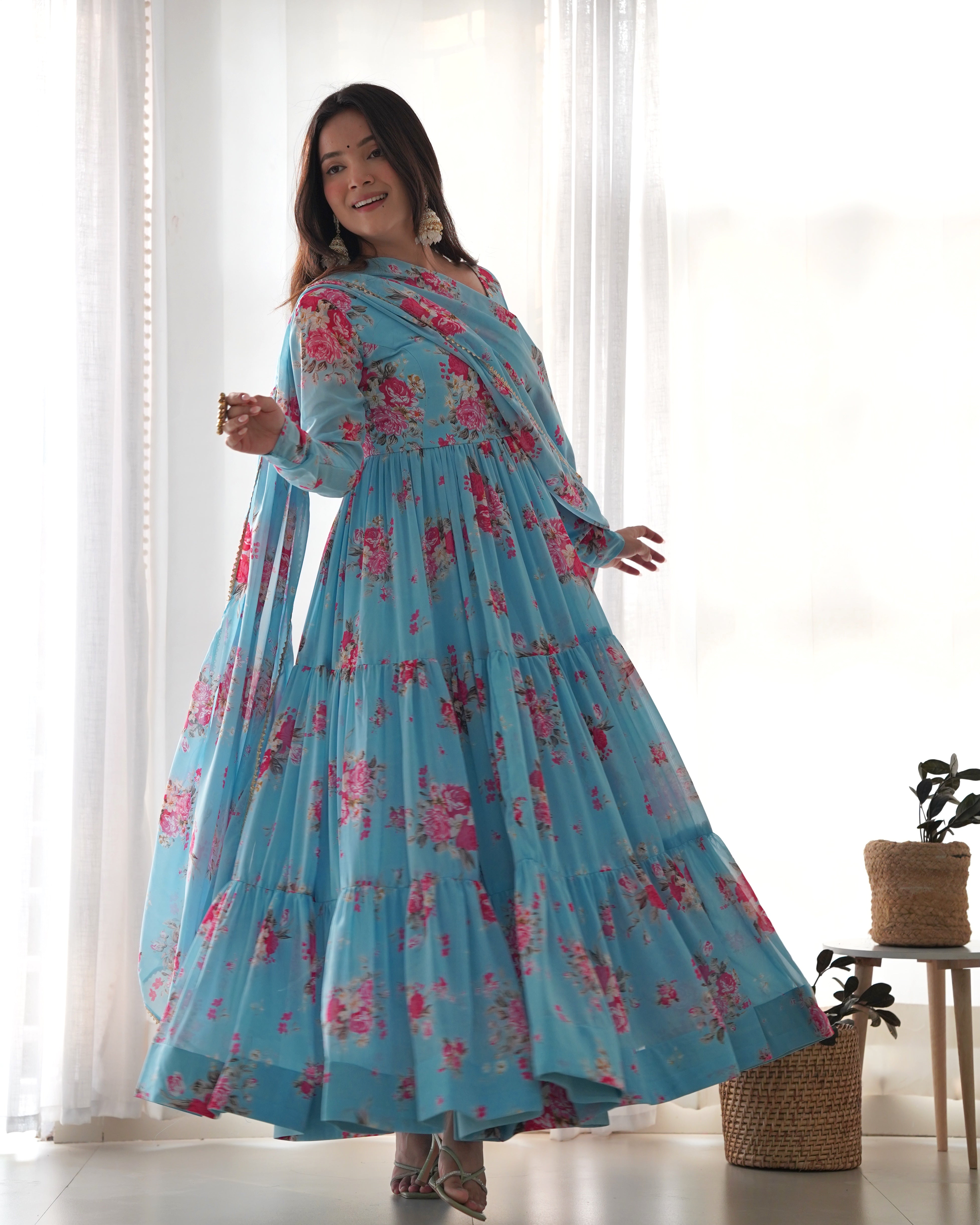 Blue Color floral printed Anarkali set