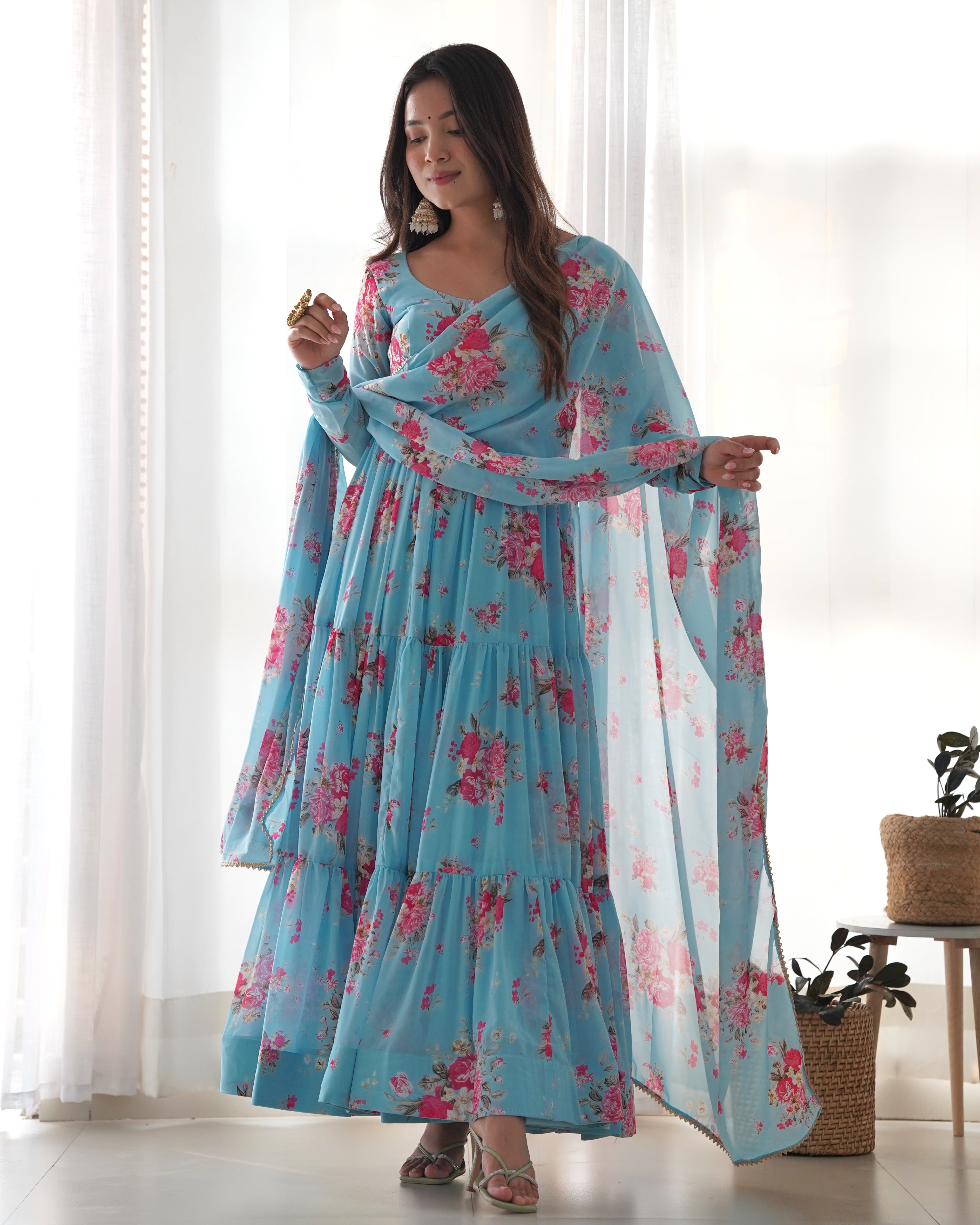 Blue Color floral printed Anarkali set