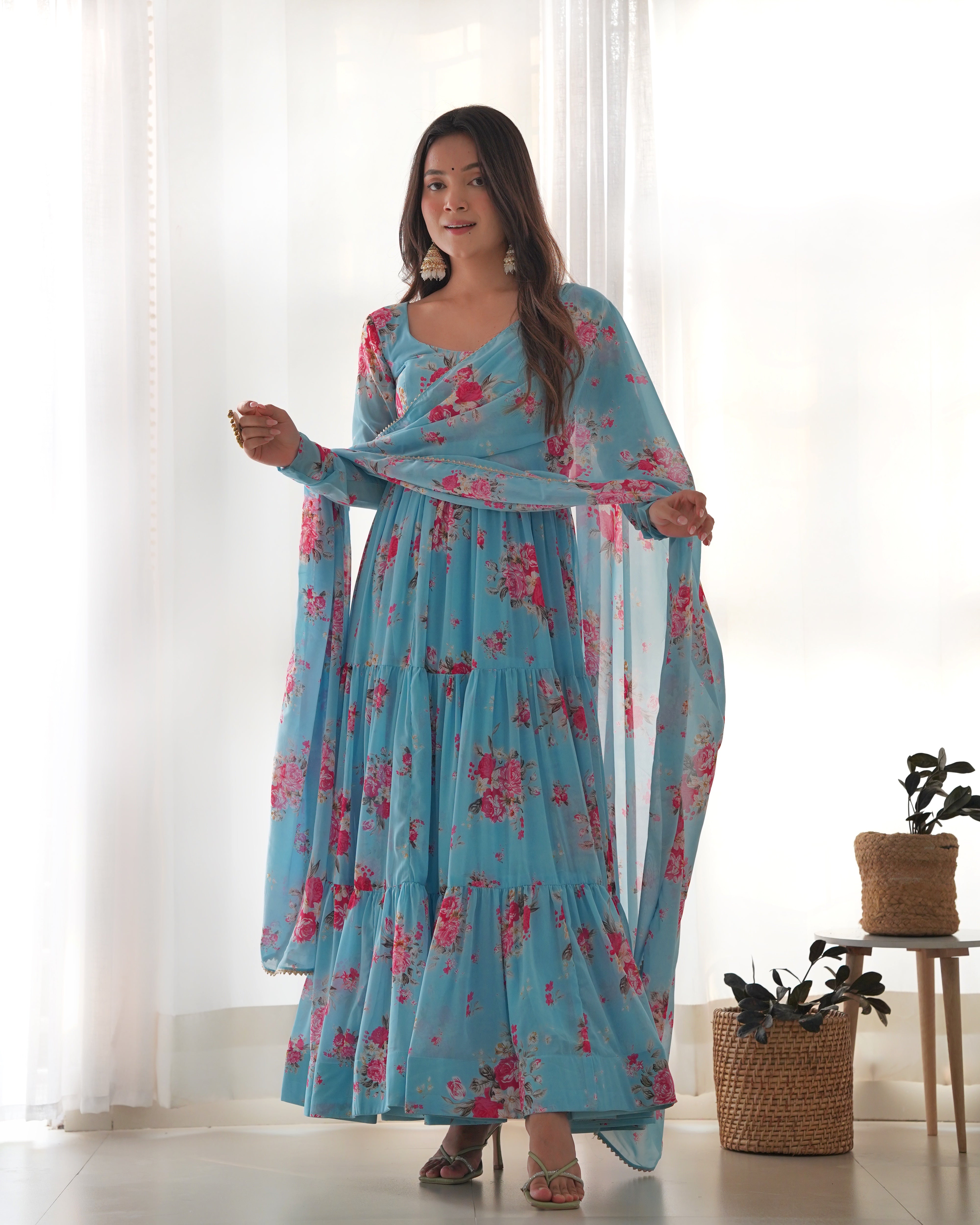Blue Color floral printed Anarkali set