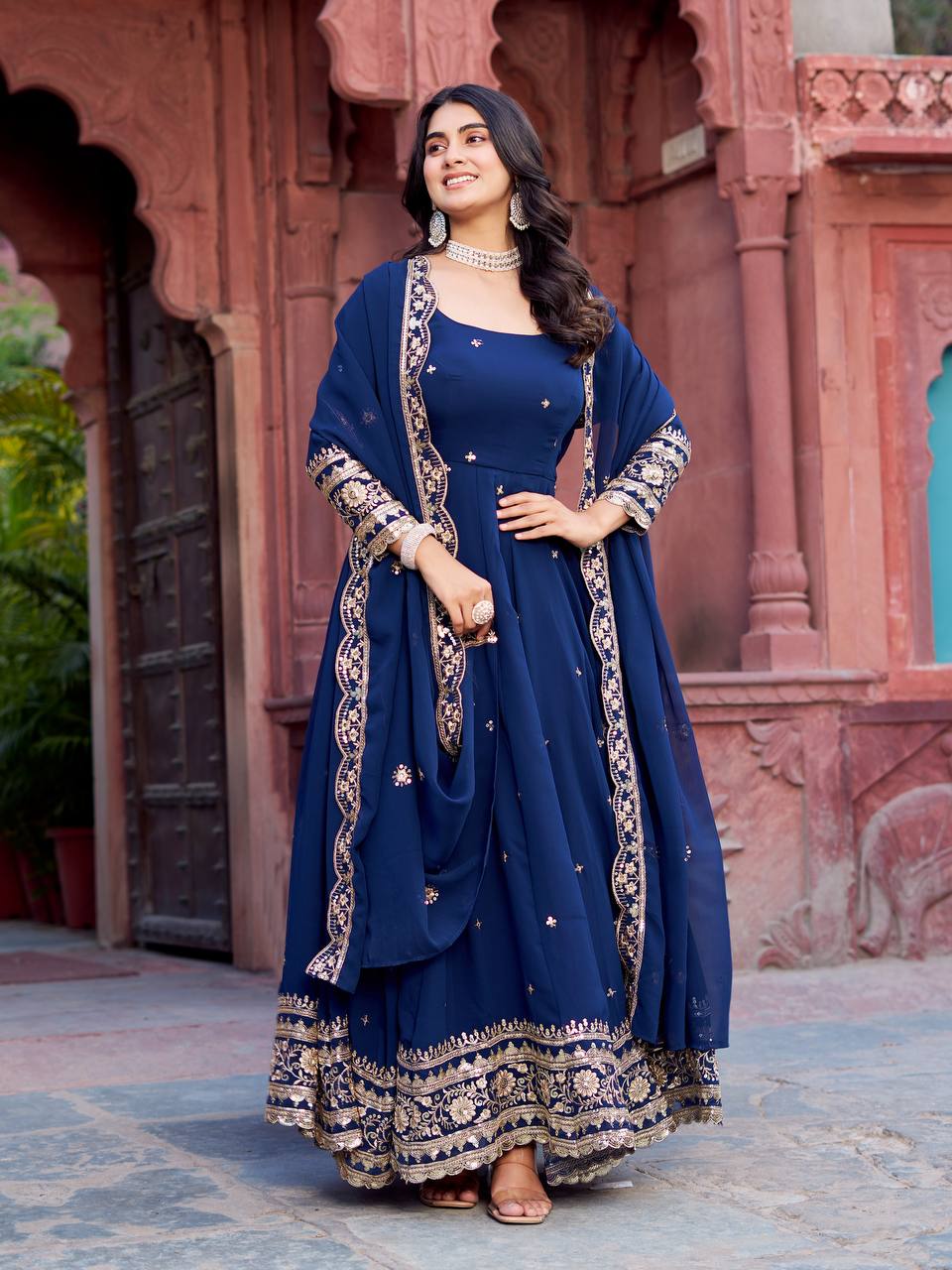 Blue Partywear Anarkali Gown Set with Dupatta & Pant | Nardev Fashion