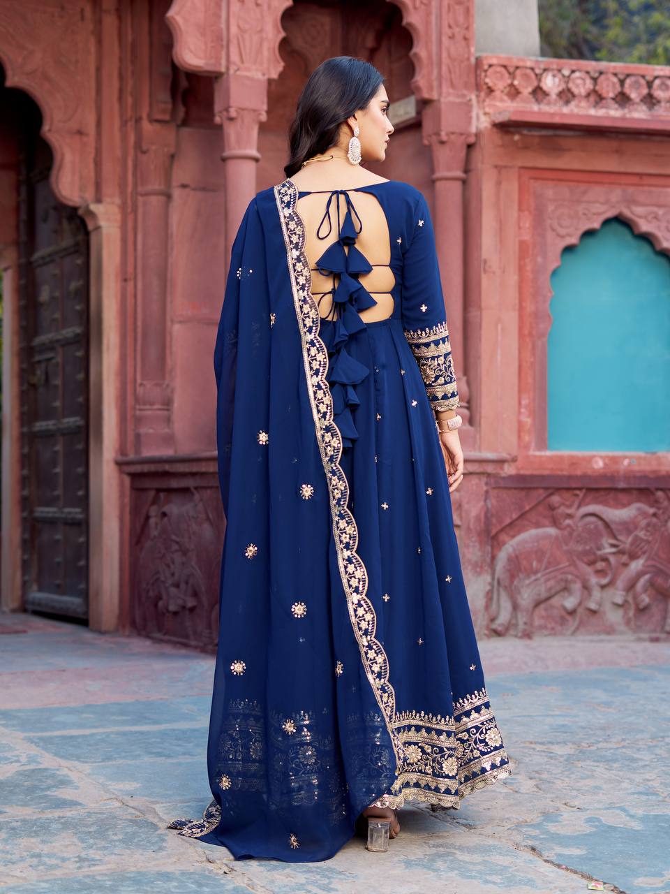 Blue Partywear Anarkali Gown Set with Dupatta & Pant | Nardev Fashion