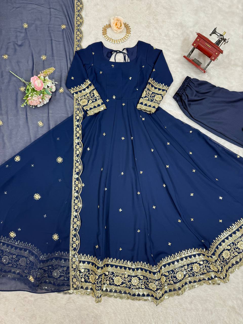 Blue Partywear Anarkali Gown Set with Dupatta & Pant | Nardev Fashion