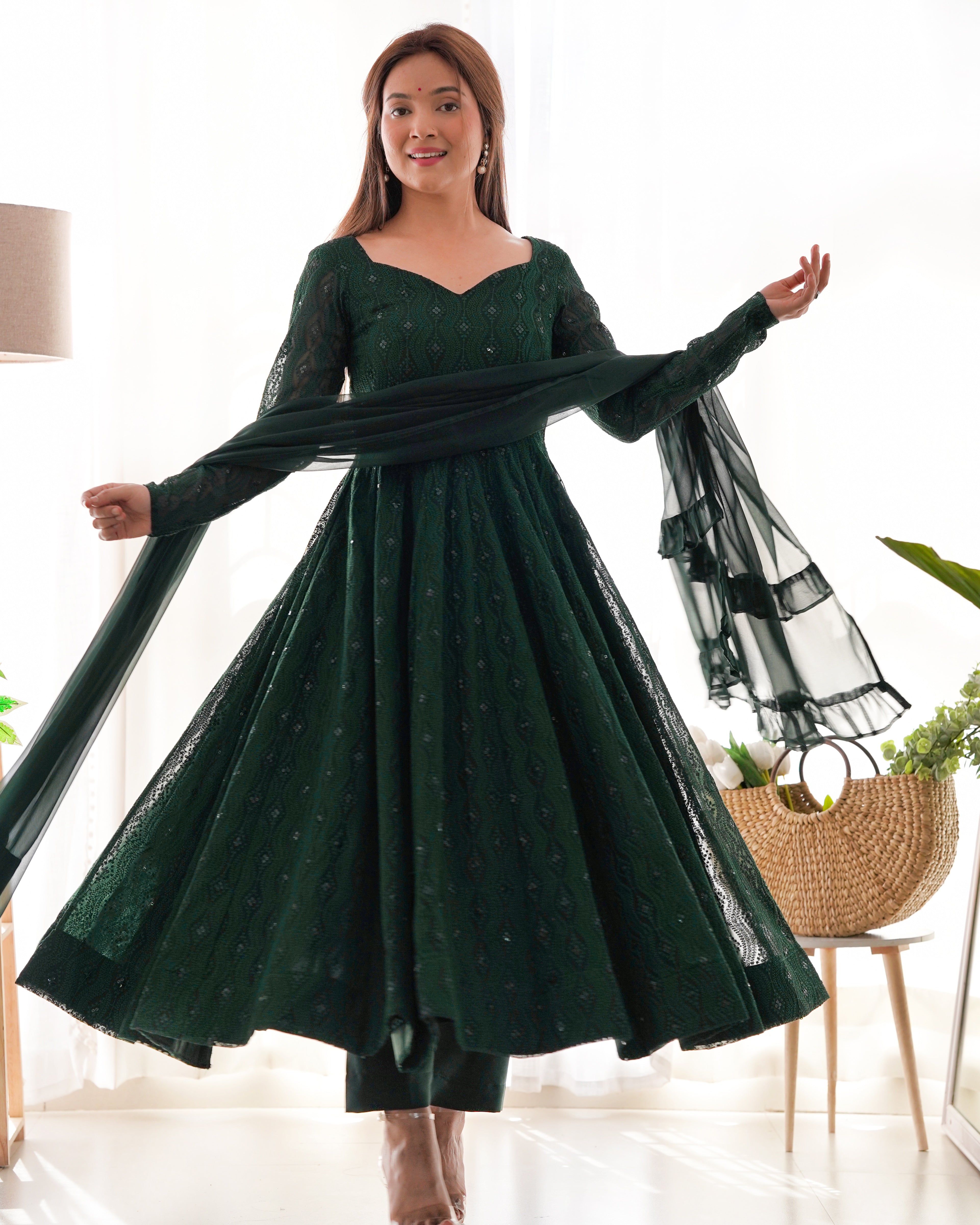 Bottle Green Color Lucknowi Anarkali Set - Aarti Chauhan