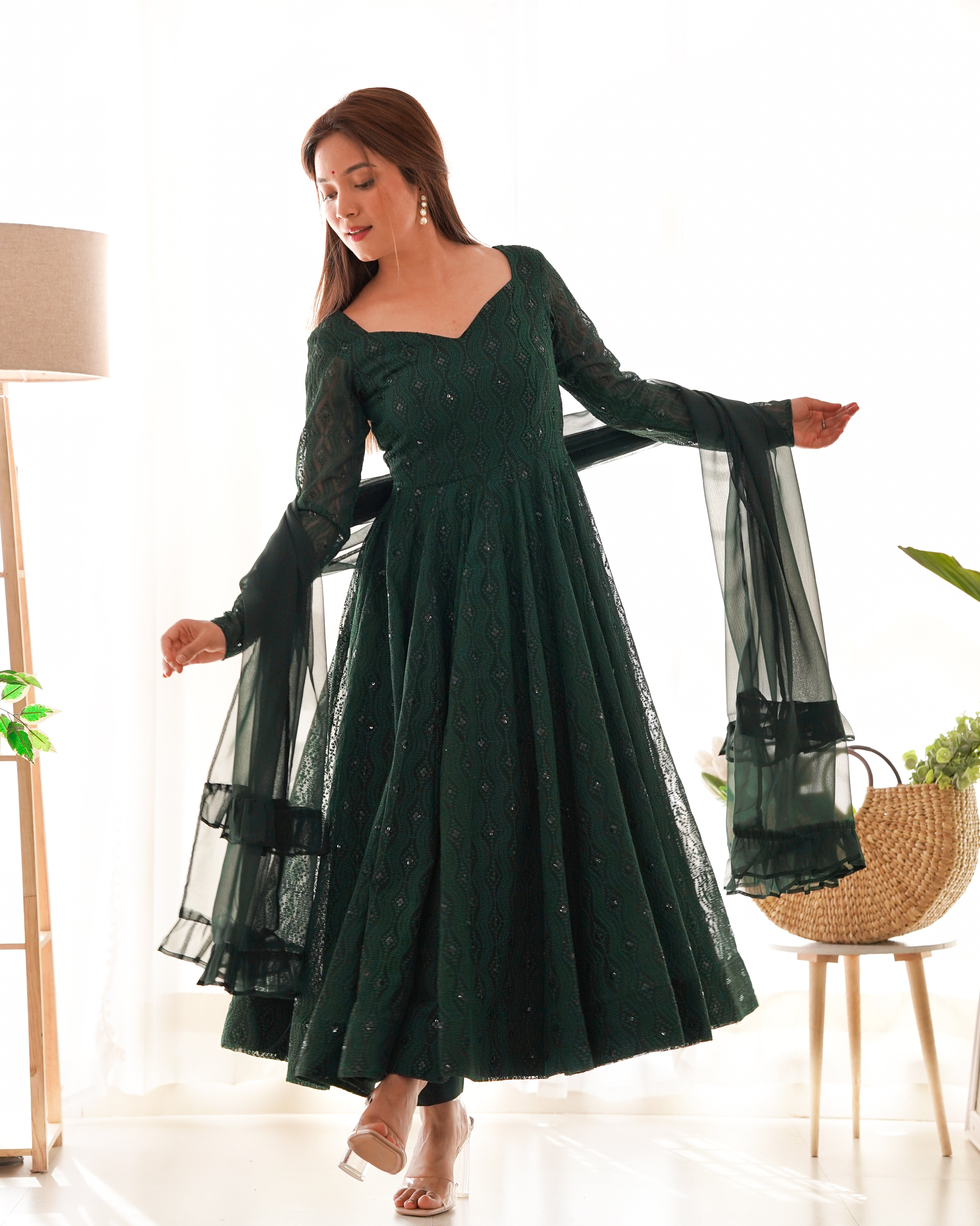 Bottle Green Color Lucknowi Anarkali Set - Aarti Chauhan