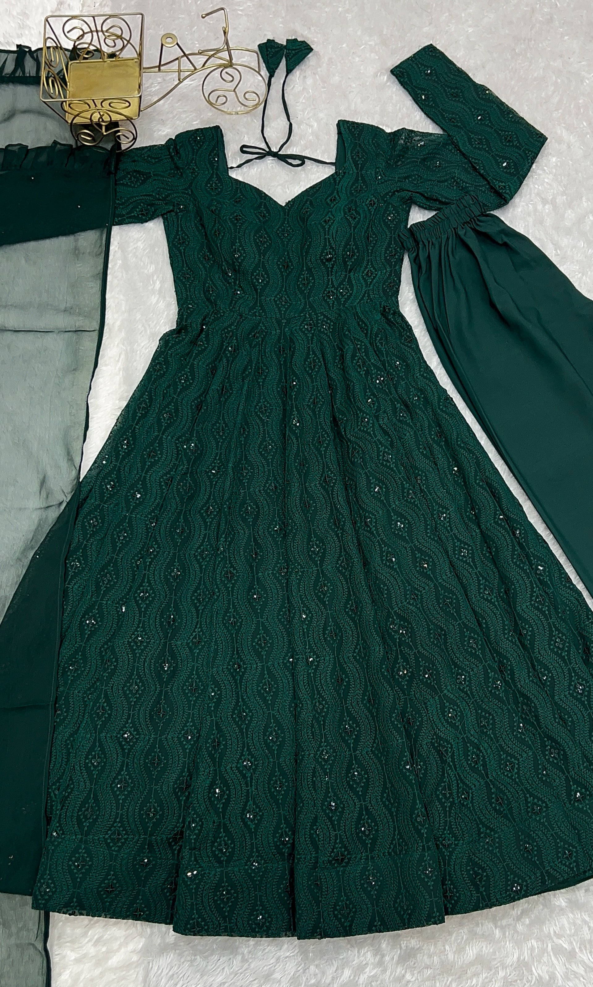 Bottle Green Color Lucknowi Anarkali Set - Aarti Chauhan