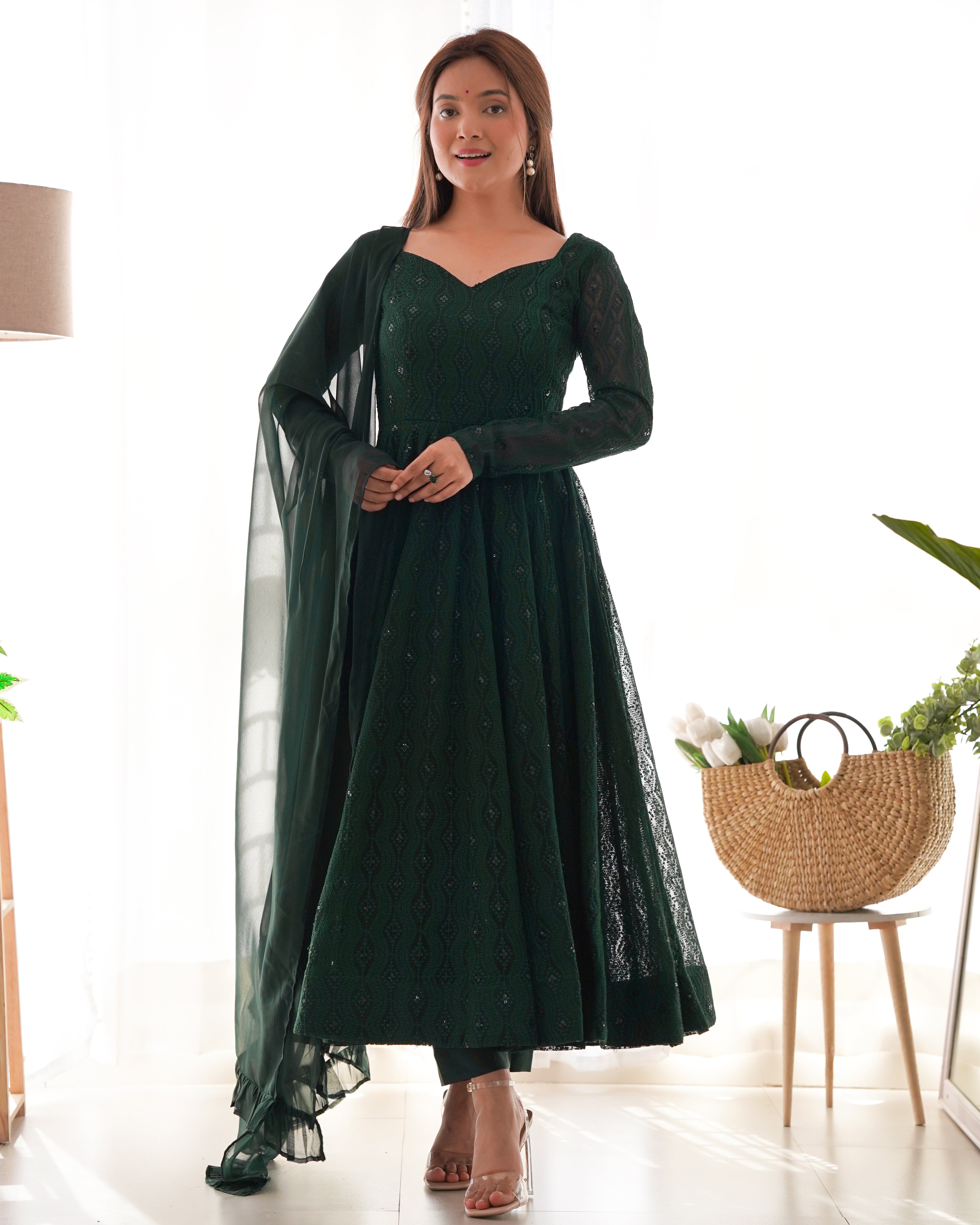 Bottle Green Color Lucknowi Anarkali Set - Aarti Chauhan