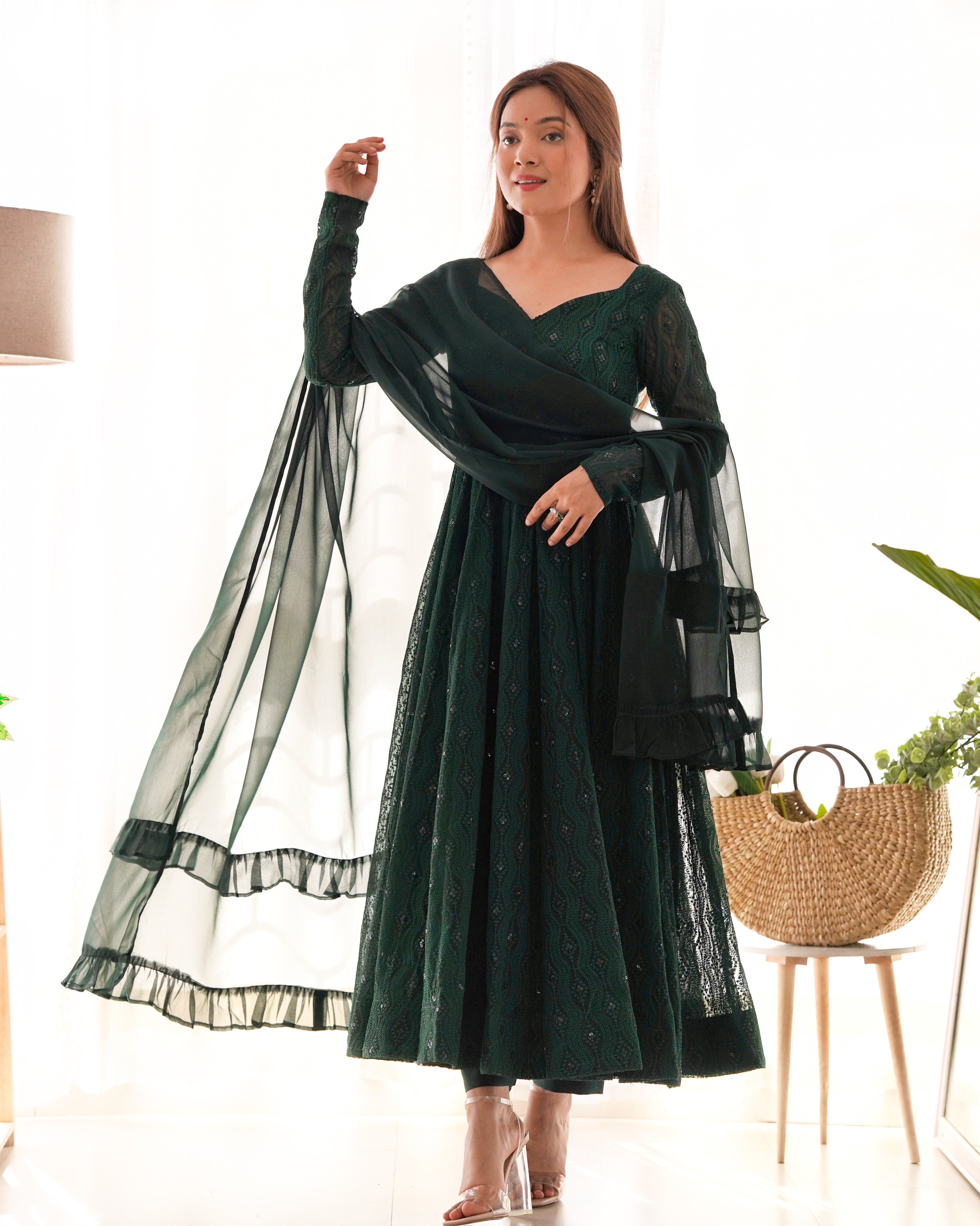 Bottle Green Color Lucknowi Anarkali Set - Aarti Chauhan
