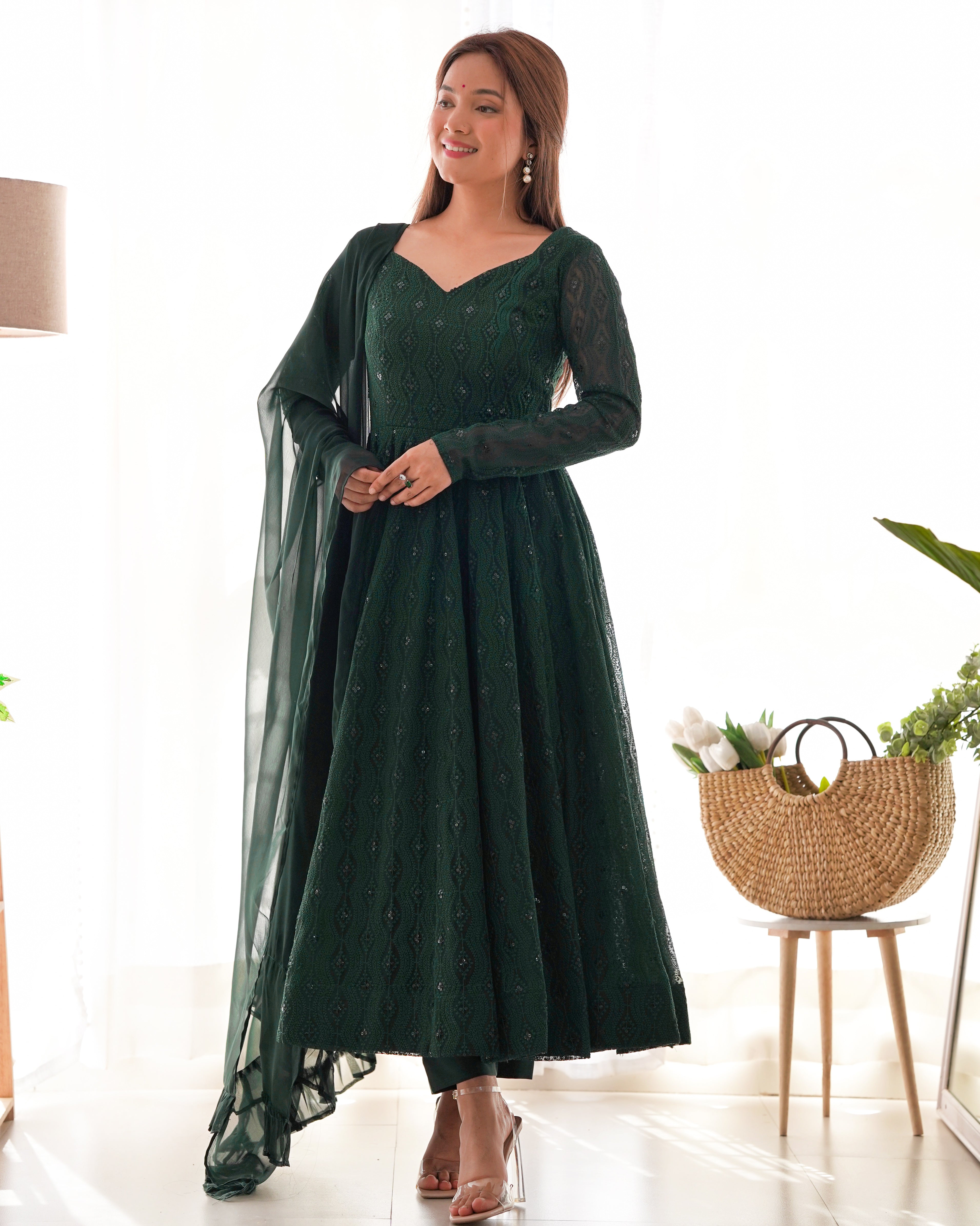Bottle Green Color Lucknowi Anarkali Set - Aarti Chauhan