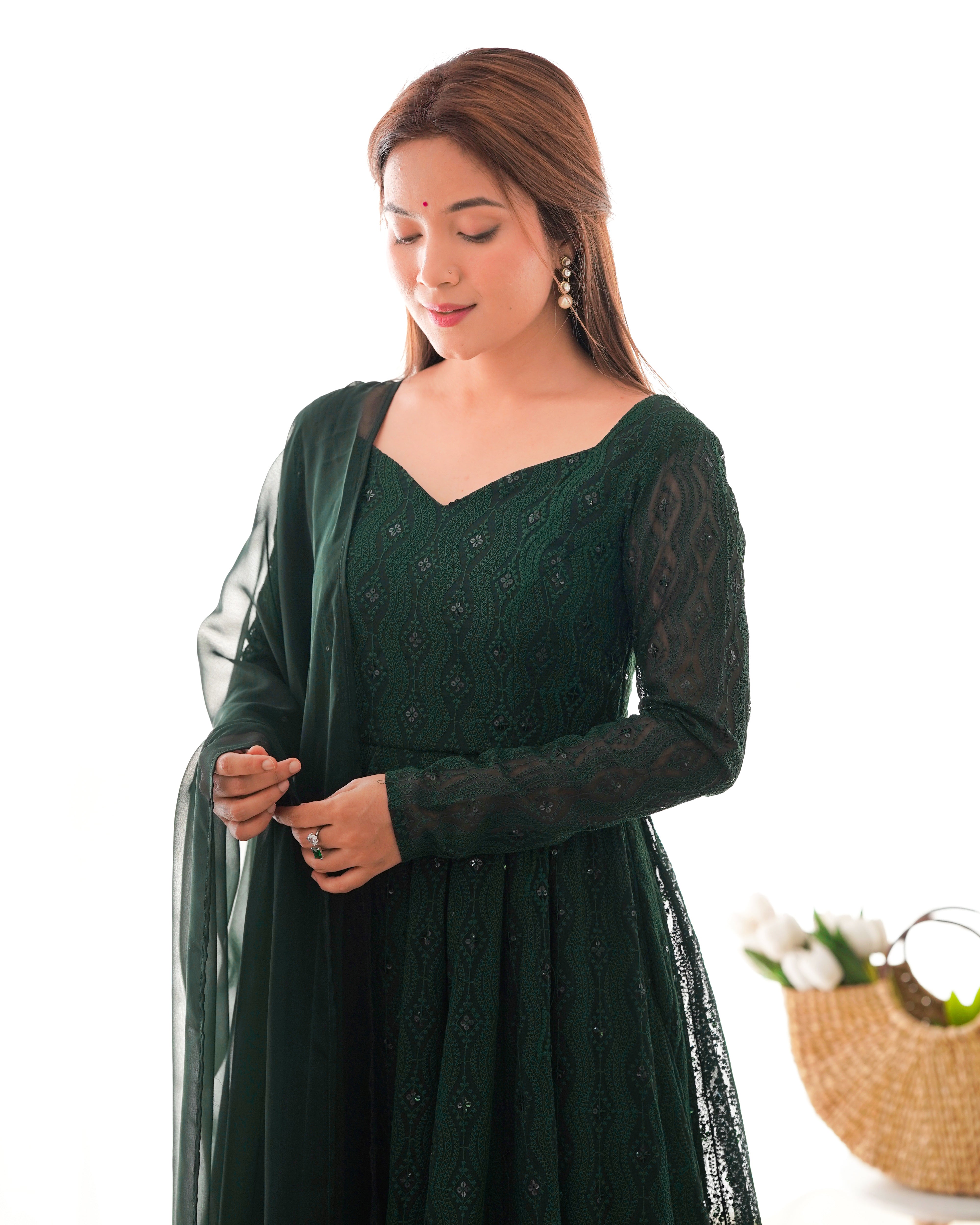Bottle Green Color Lucknowi Anarkali Set - Aarti Chauhan