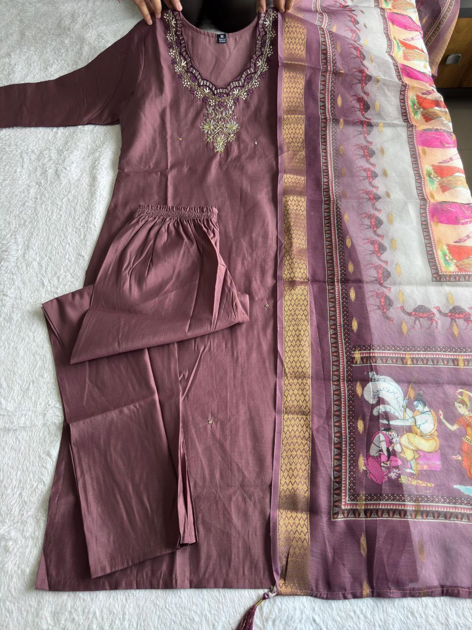 Burgundy Color Roman Silk Handwork Kurta Set - Diwali Outfit - Ethnic Wear - Nardev Fashion