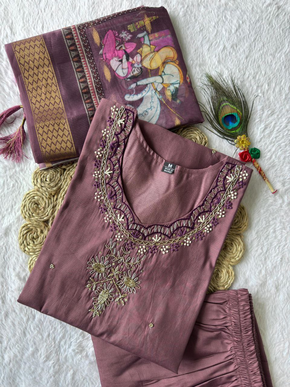 Burgundy Color Roman Silk Handwork Kurta Set - Diwali Outfit - Ethnic Wear - Nardev Fashion