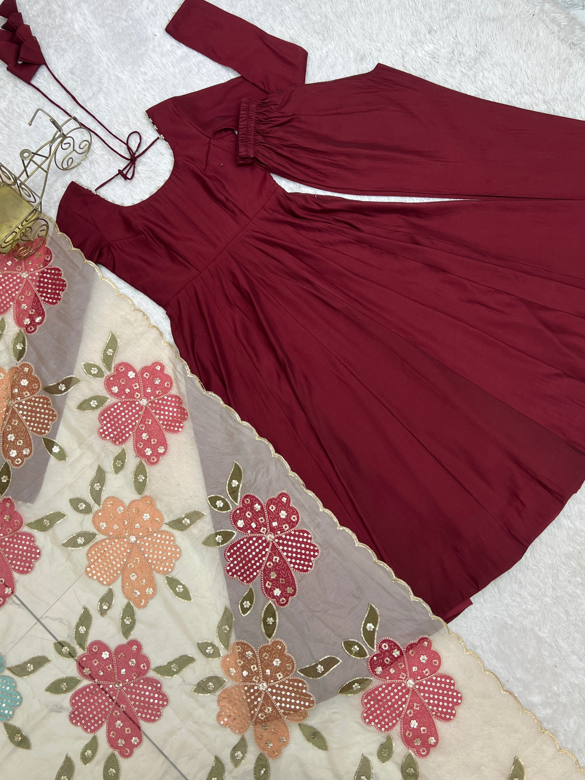 Burgundy Heavy Roman Silk 16 Kali Anarkali Gown with Printed Dupatta