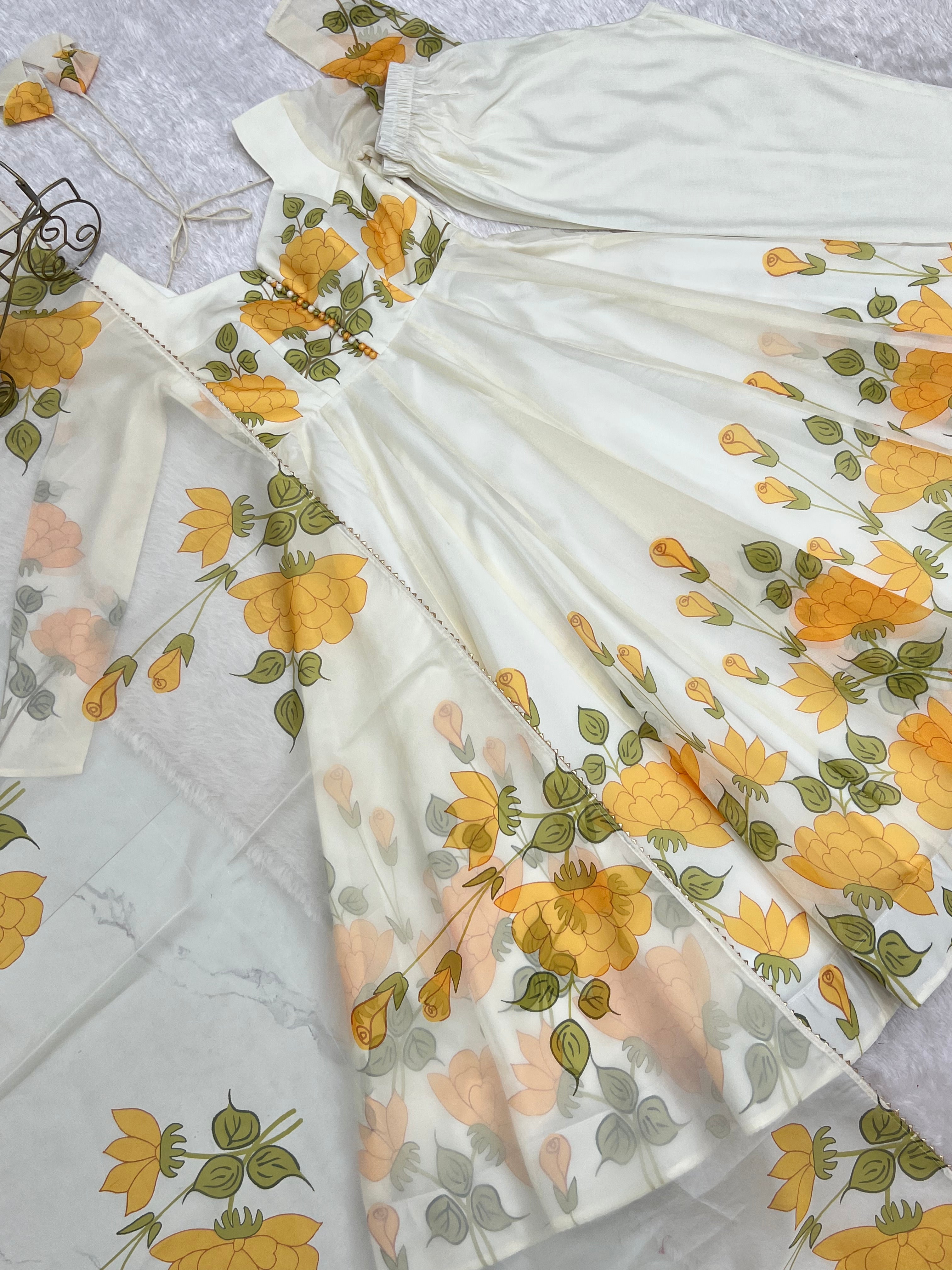 Ivory Floral Elegance Printed Organza Silk Anarkali Suit Set with Dupatta | NARDEV FASHION | Festive , Wedding Guest Outfit