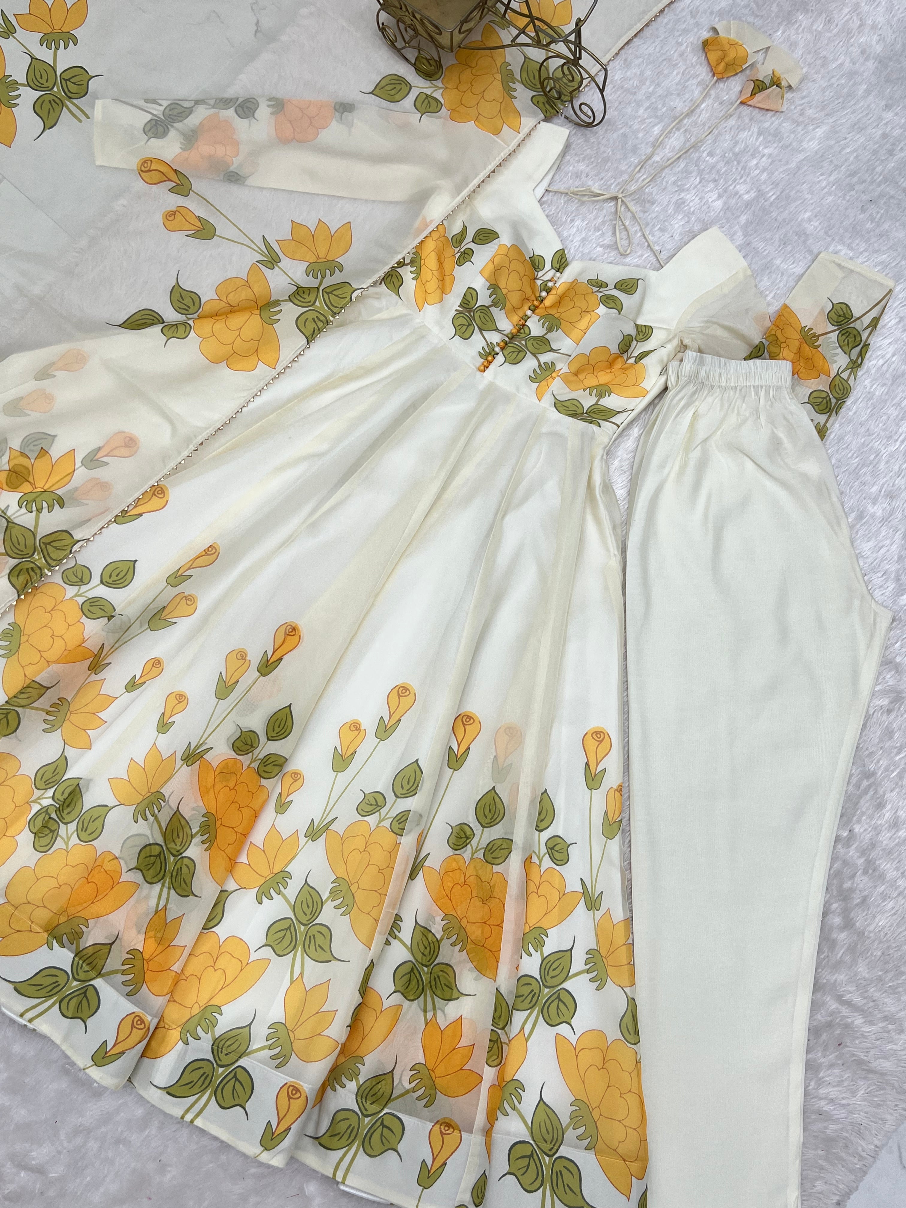 Ivory Floral Elegance Printed Organza Silk Anarkali Suit Set with Dupatta | NARDEV FASHION | Festive , Wedding Guest Outfit