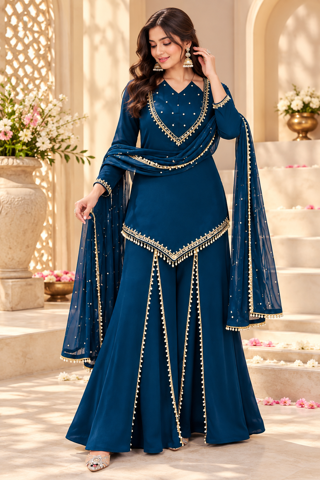 Blue Roman Glass Mirror Work Palazzo Suit with Chanderi Dupatta