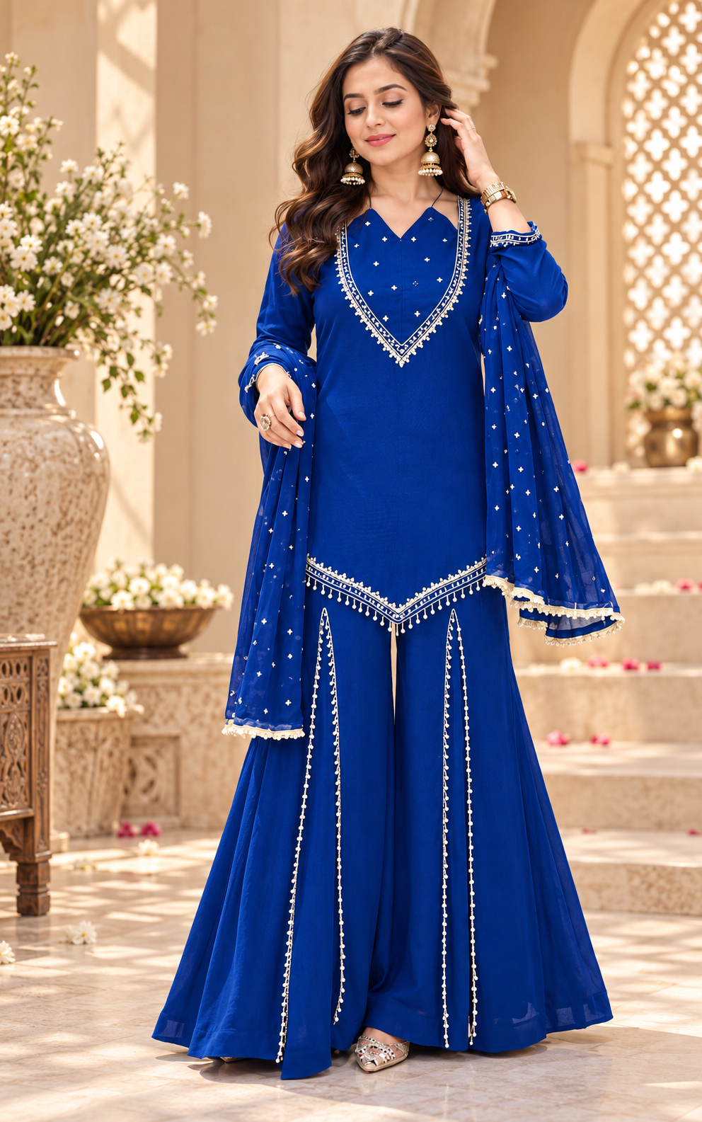 Royal Blue Roman Glass Mirror Work Plazzo Suit Set with Chanderi Silk Dupatta