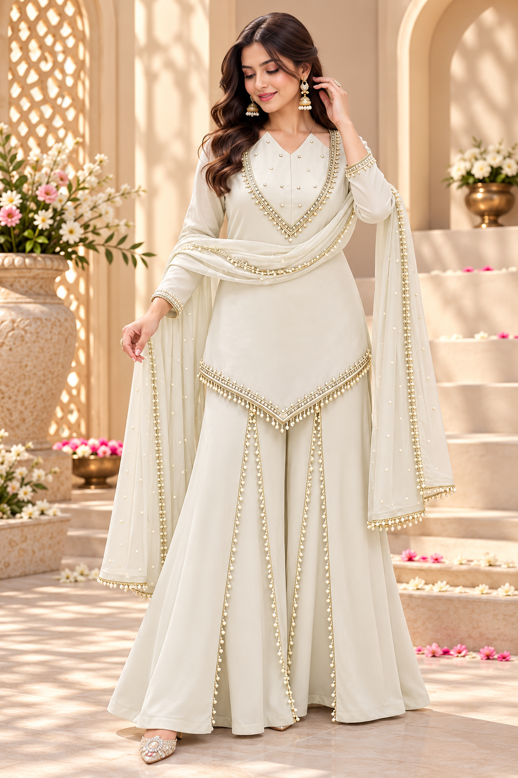 Ivory White Roman Glass Mirror Work Palazzo Suit Set With Chanderi Dupatta