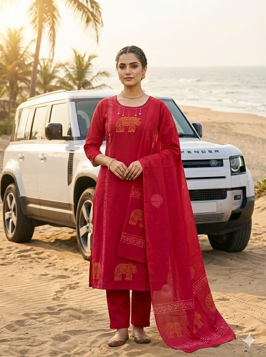 Cherry Pure Cotton A-Line Kurti Pant Dupatta Set with Mirror Work | Nardev Fashion