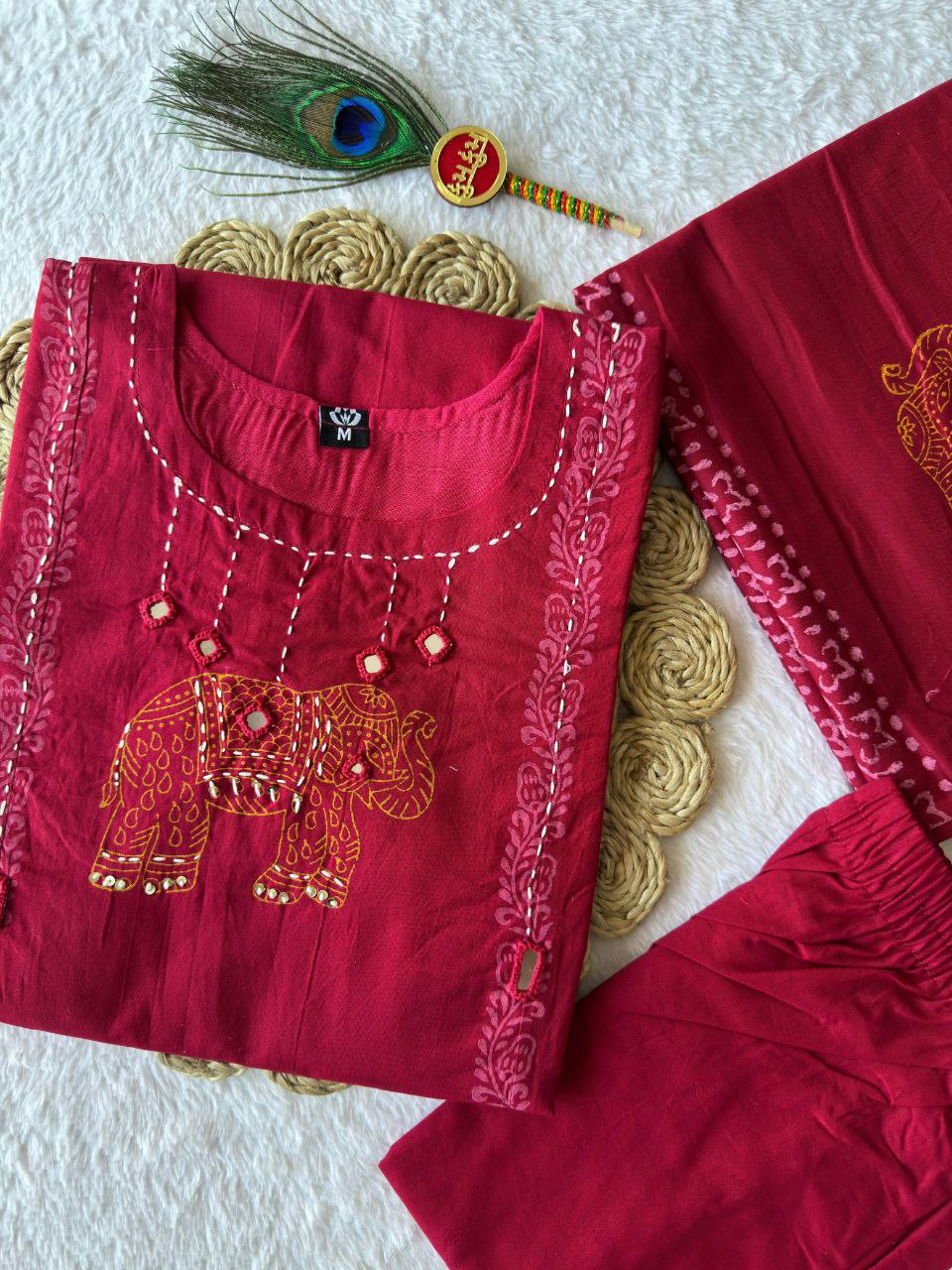 Cherry Pure Cotton A-Line Kurti Pant Dupatta Set with Mirror Work | Nardev Fashion