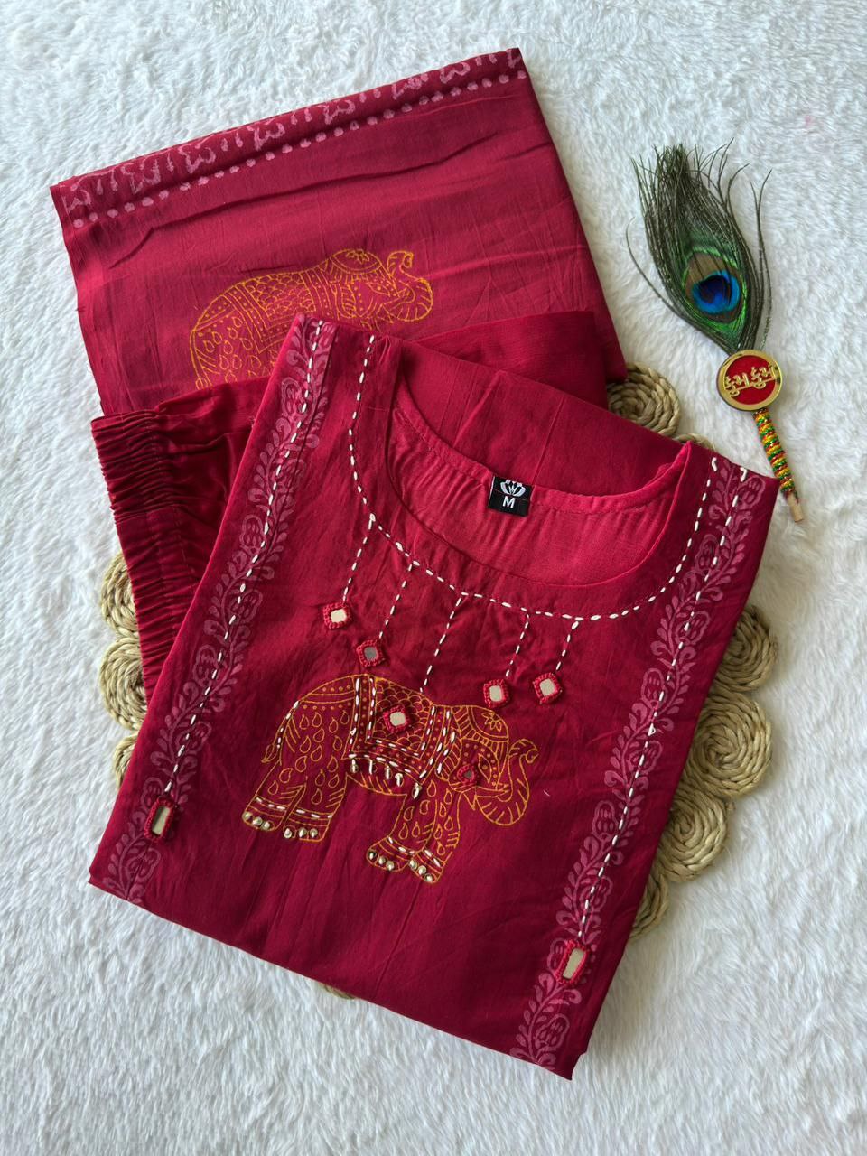 Cherry Pure Cotton A-Line Kurti Pant Dupatta Set with Mirror Work | Nardev Fashion