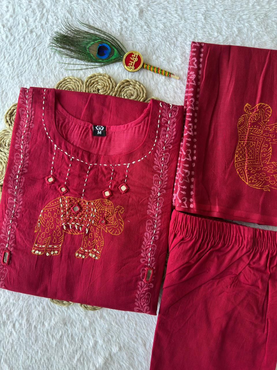 Cherry Pure Cotton A-Line Kurti Pant Dupatta Set with Mirror Work | Nardev Fashion
