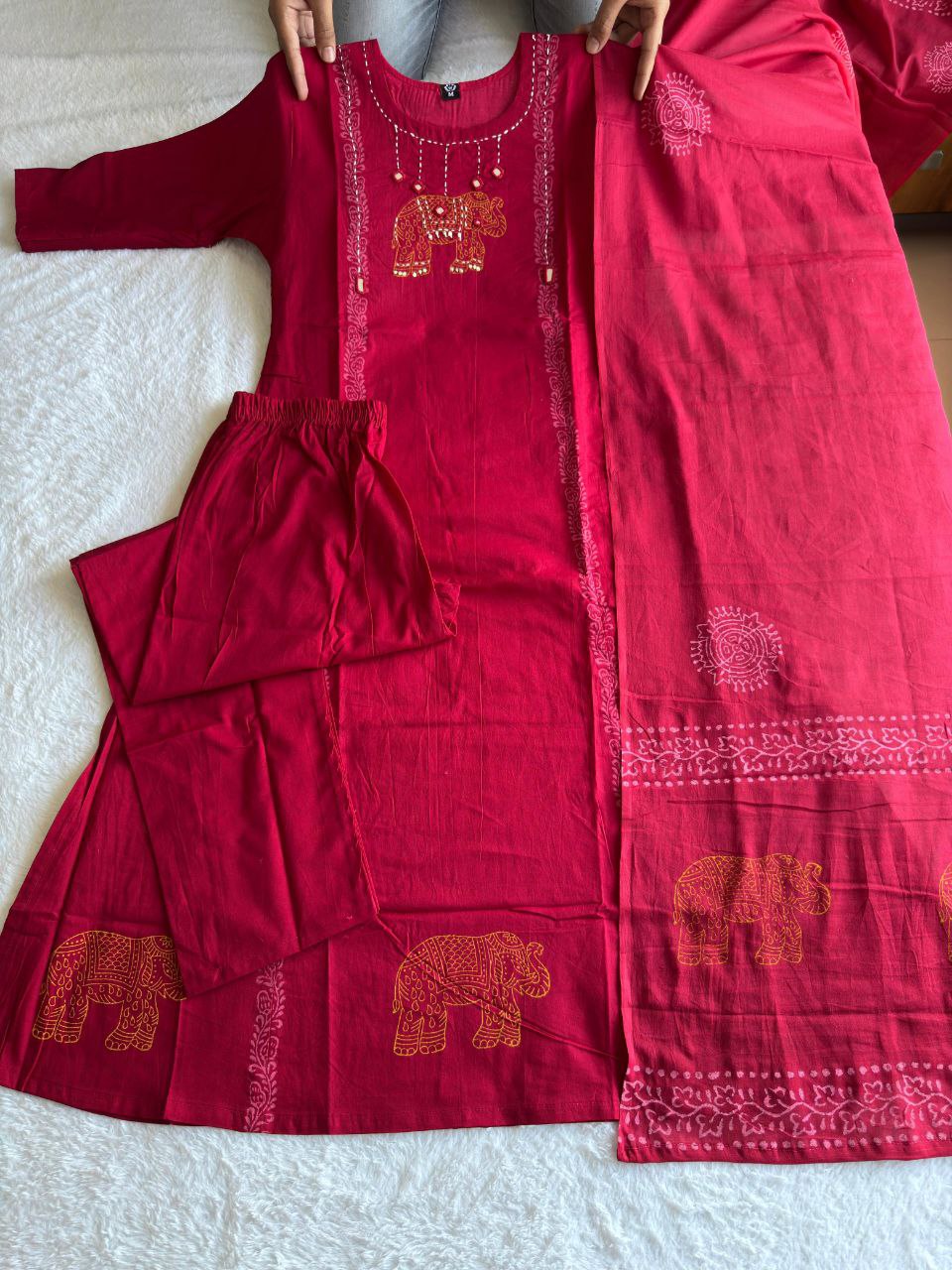 Cherry Pure Cotton A-Line Kurti Pant Dupatta Set with Mirror Work | Nardev Fashion