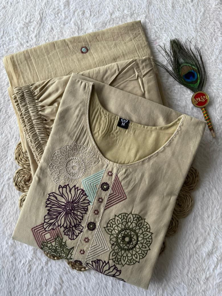 Cream Block Print Cotton A-Line Kurti Set | Mirror Work | Nardev Fashion