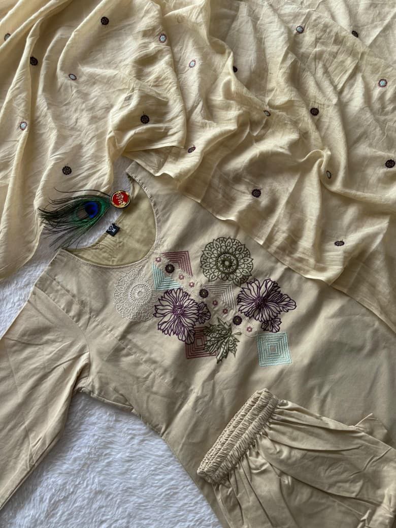 Cream Block Print Cotton A-Line Kurti Set | Mirror Work | Nardev Fashion