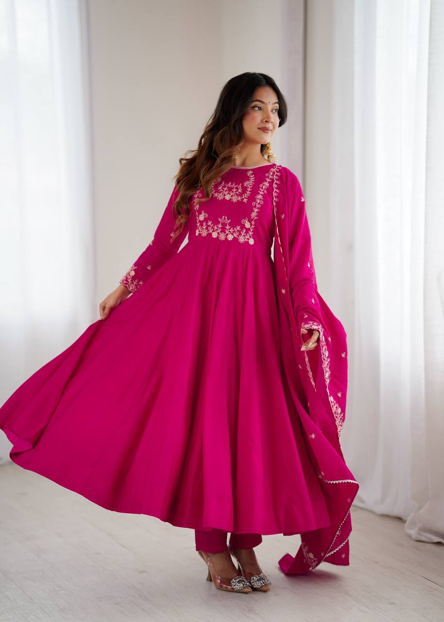 Dark Pink Pure Roman Chanderi Silk Full Flare Anarkali Suit - Nardev Fashion