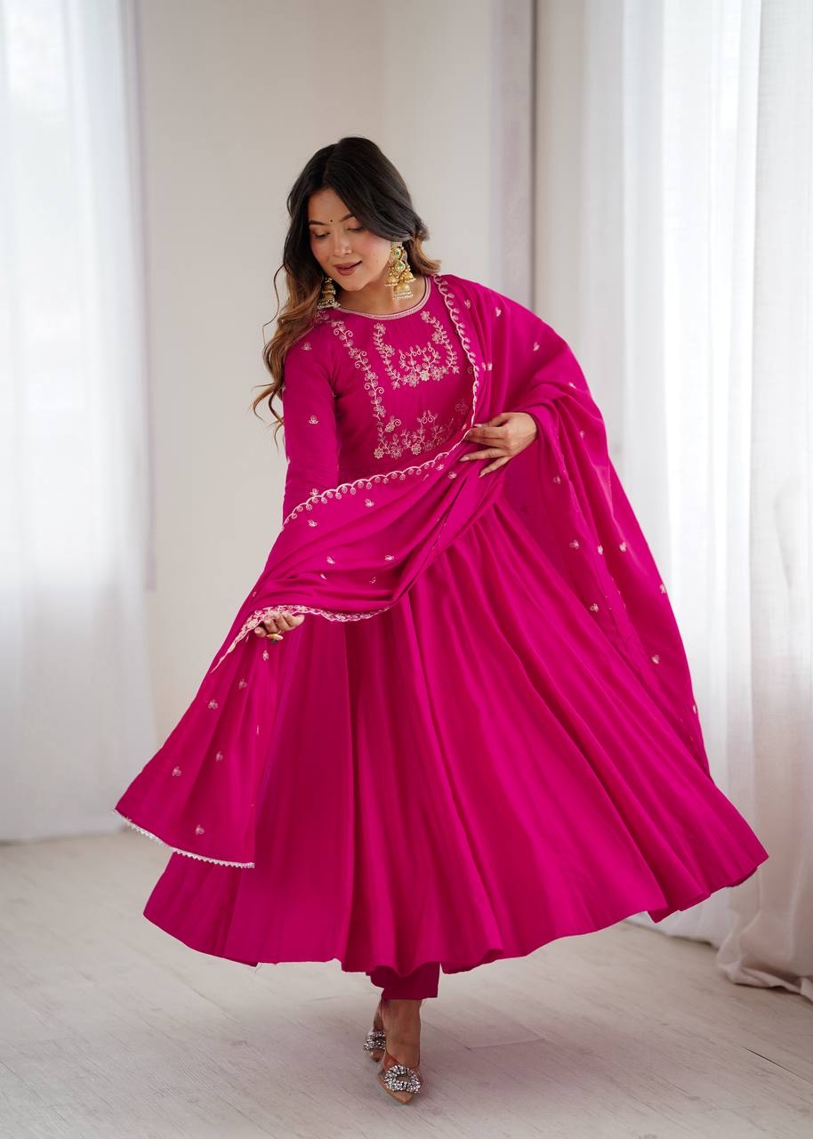 Dark Pink Pure Roman Chanderi Silk Full Flare Anarkali Suit - Nardev Fashion