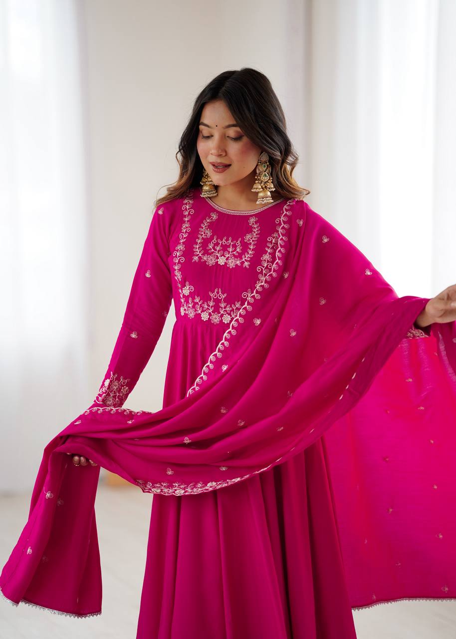 Dark Pink Pure Roman Chanderi Silk Full Flare Anarkali Suit - Nardev Fashion