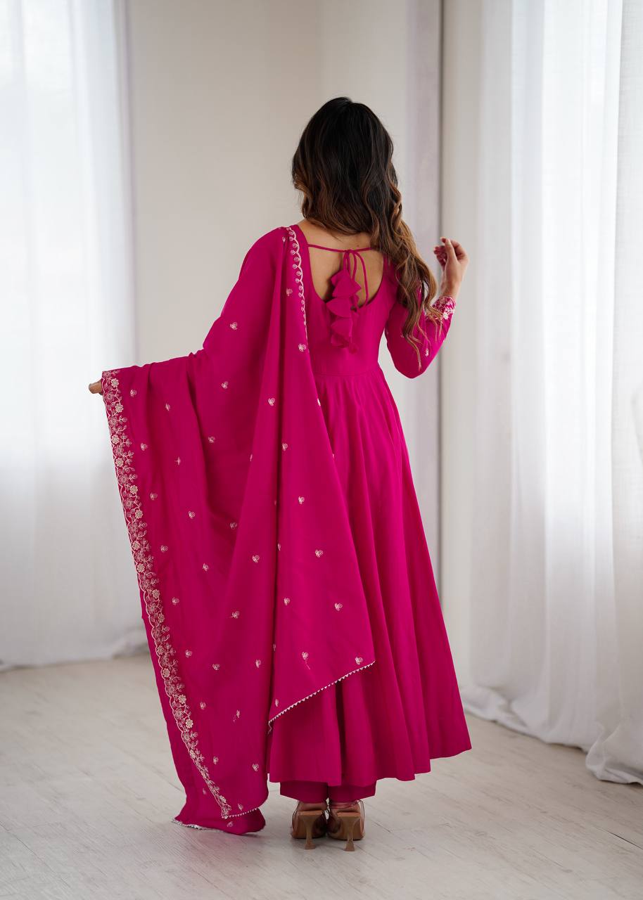 Dark Pink Pure Roman Chanderi Silk Full Flare Anarkali Suit - Nardev Fashion