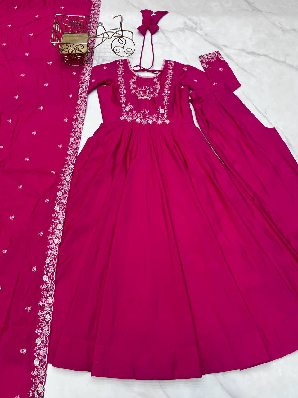 Dark Pink Pure Roman Chanderi Silk Full Flare Anarkali Suit - Nardev Fashion