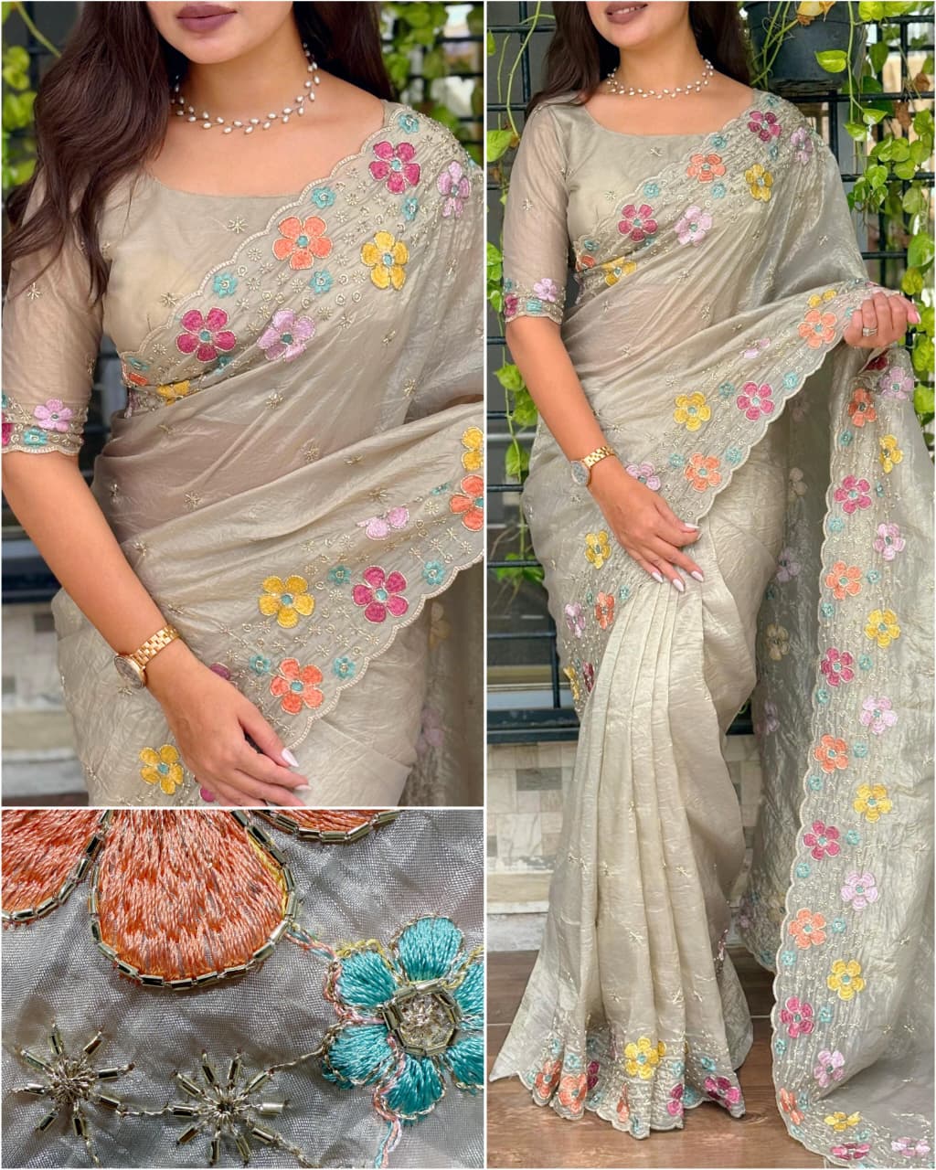 Dusty Beige Embroidered Saree in Sufi Silk Crush | Nardev Fashion