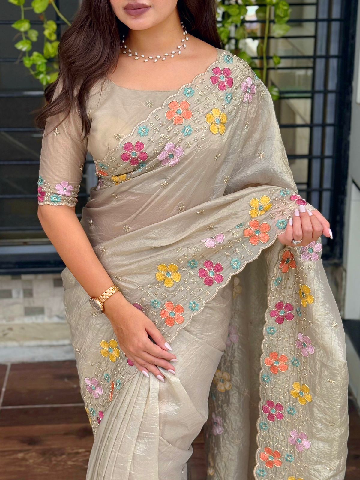 Dusty Beige Embroidered Saree in Sufi Silk Crush | Nardev Fashion