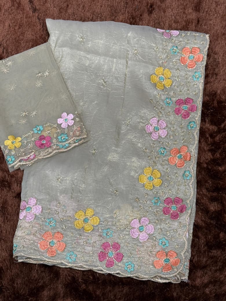 Dusty Beige Embroidered Saree in Sufi Silk Crush | Nardev Fashion