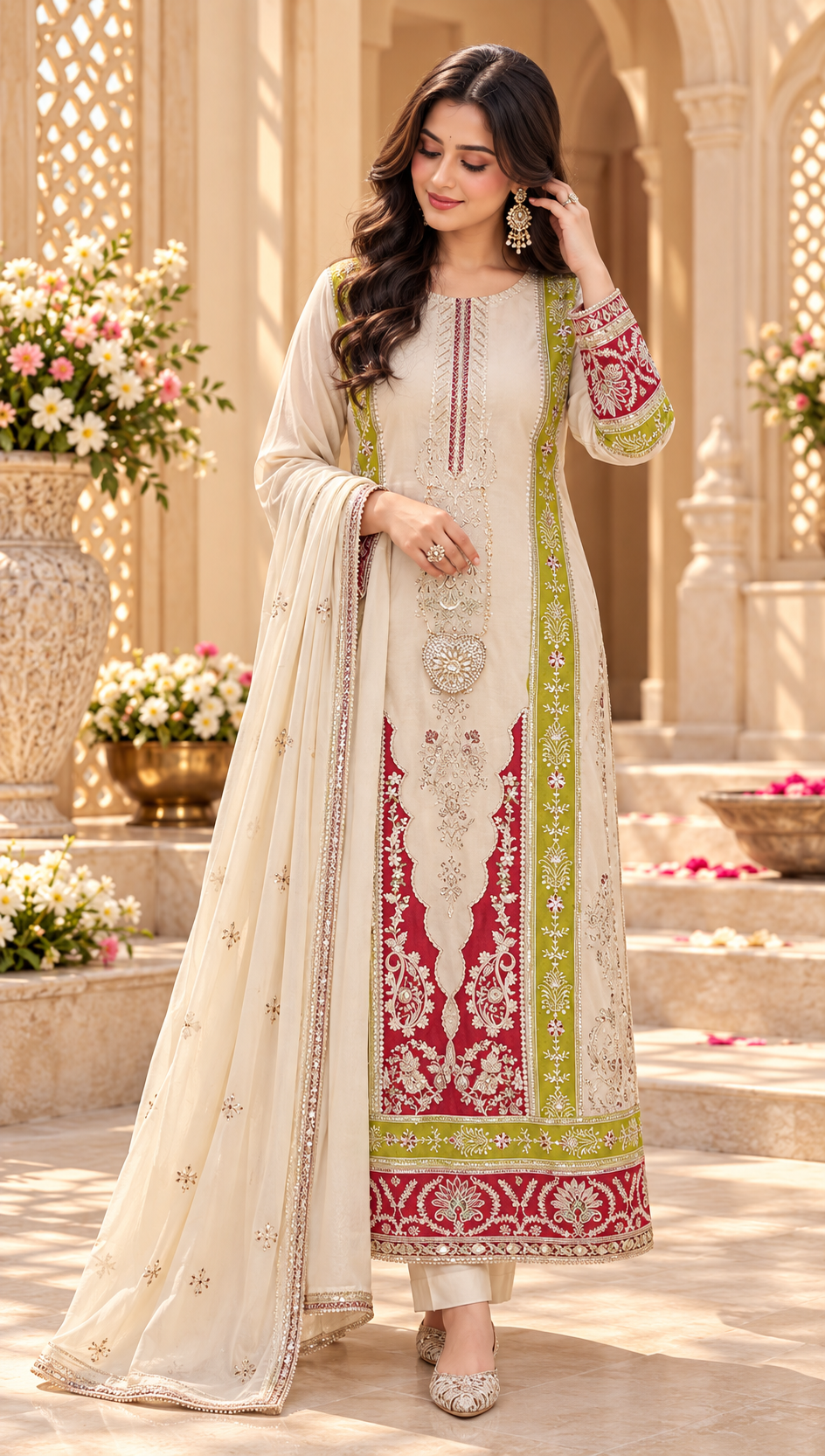 Ivory Cream Roman Silk Embroidered Suit Set with Ruby Red & Lime Green Detailing