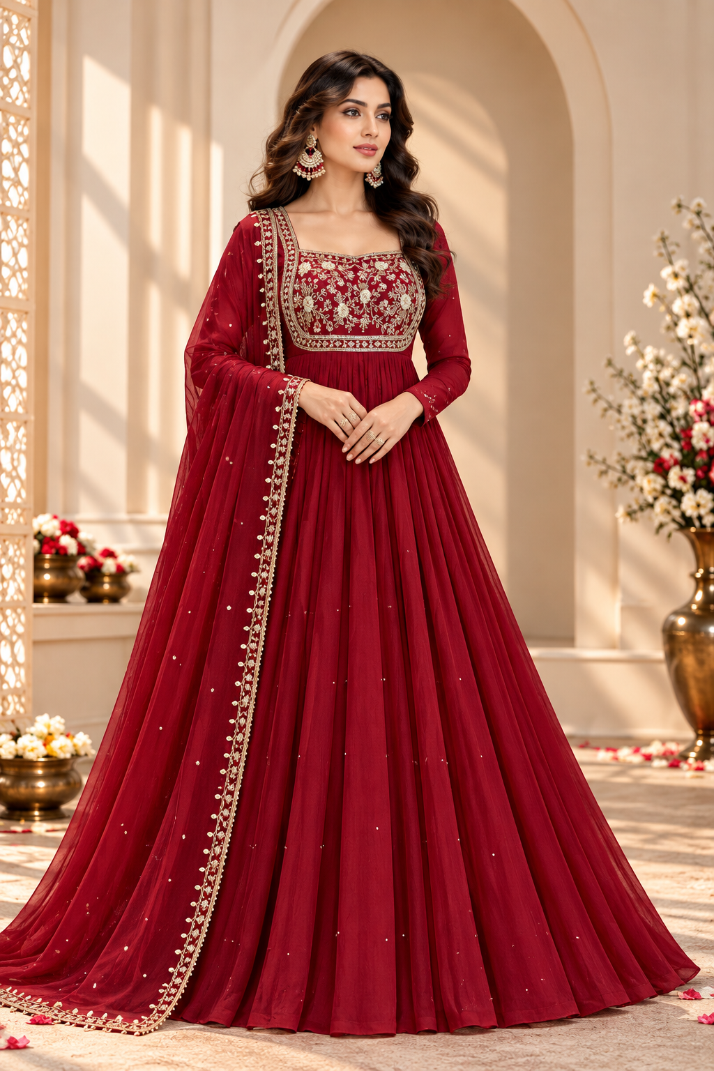 Rani Pink Rangoli Crush Embroidered Anarkali Gown Set with Dupatta & Palazzo