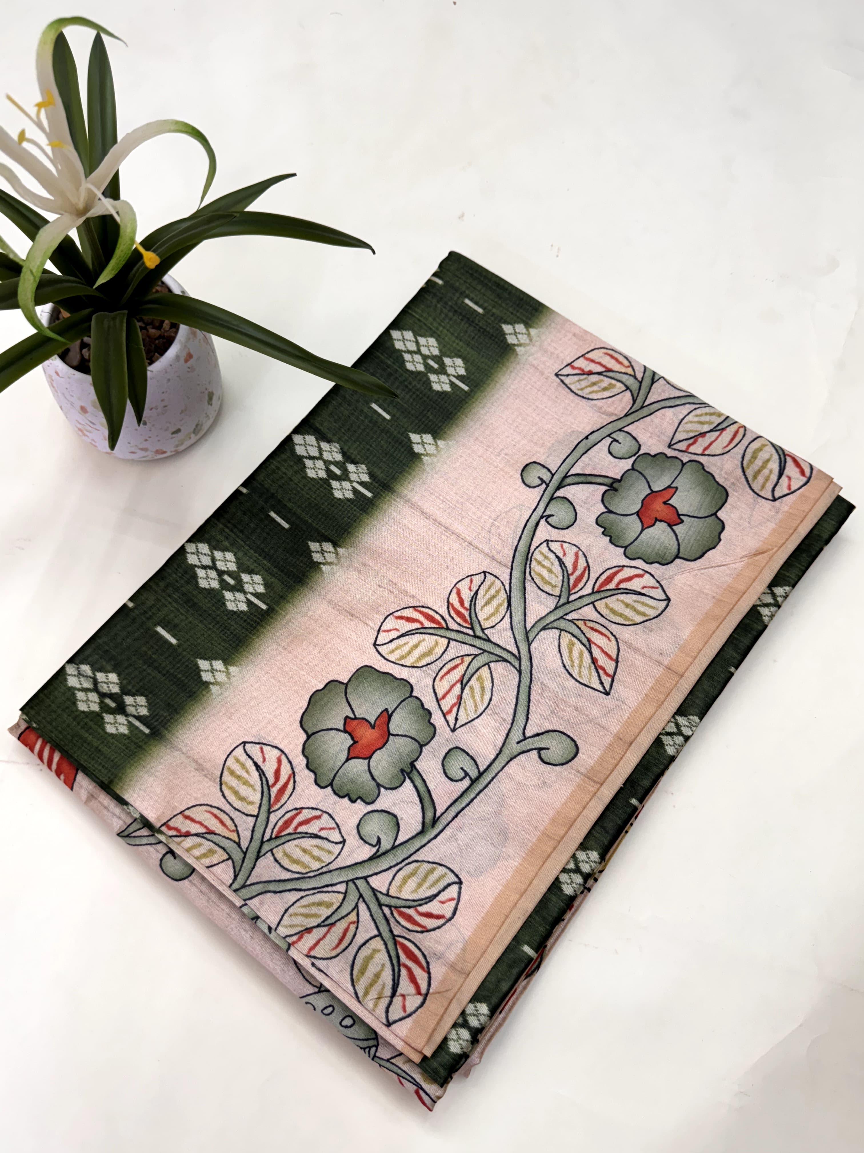Soft Tussar Silk Saree with Ikat Pattern & Kalamkari Border | Designer Traditional Saree