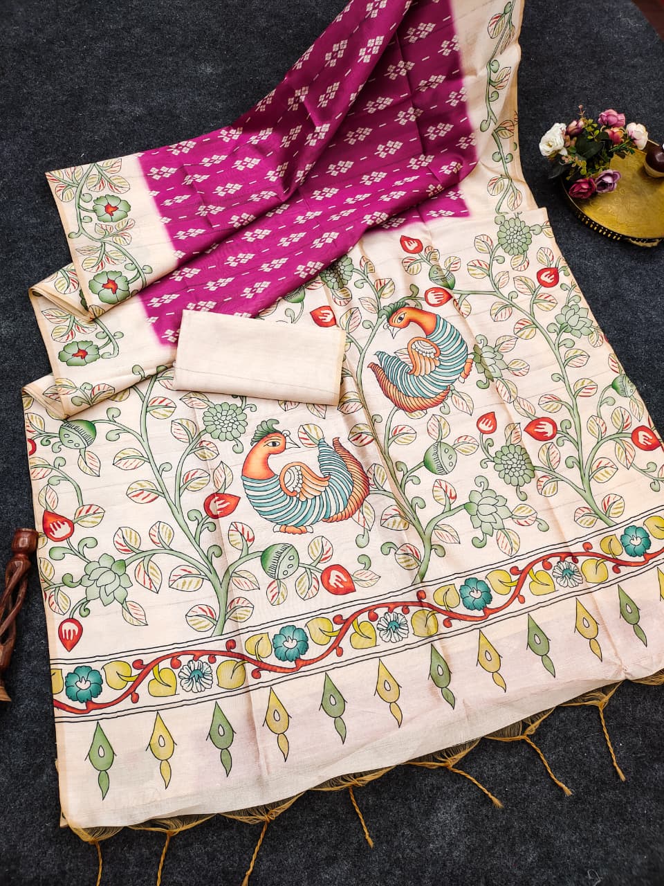 Soft Tussar Silk Saree with Ikat Pattern & Kalamkari Border | Designer Traditional Saree