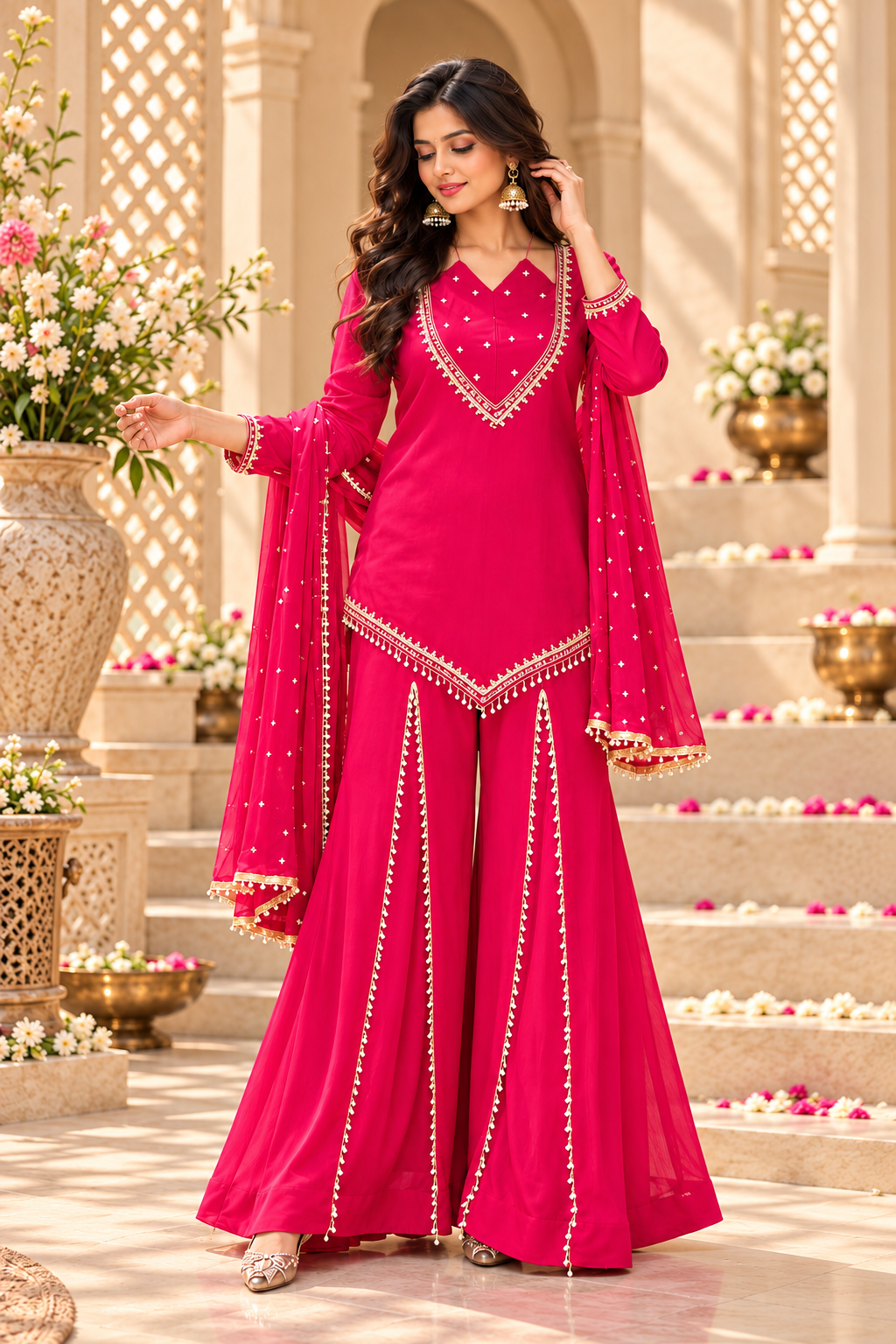 Rani Pink Roman Glass Palazzo Suit with Real Mirror Work & Chanderi Silk Dupatta