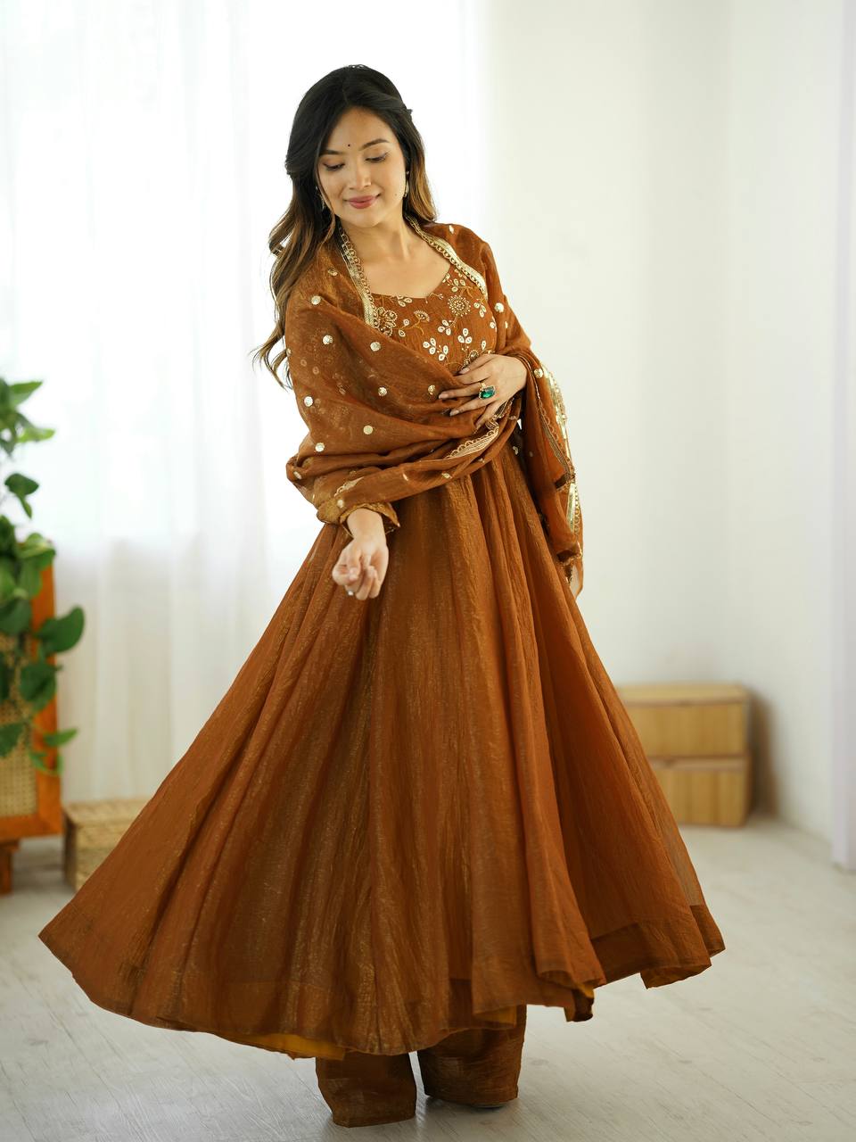 Golden Color Flaired Anarkali Dress | Nardev Fashion