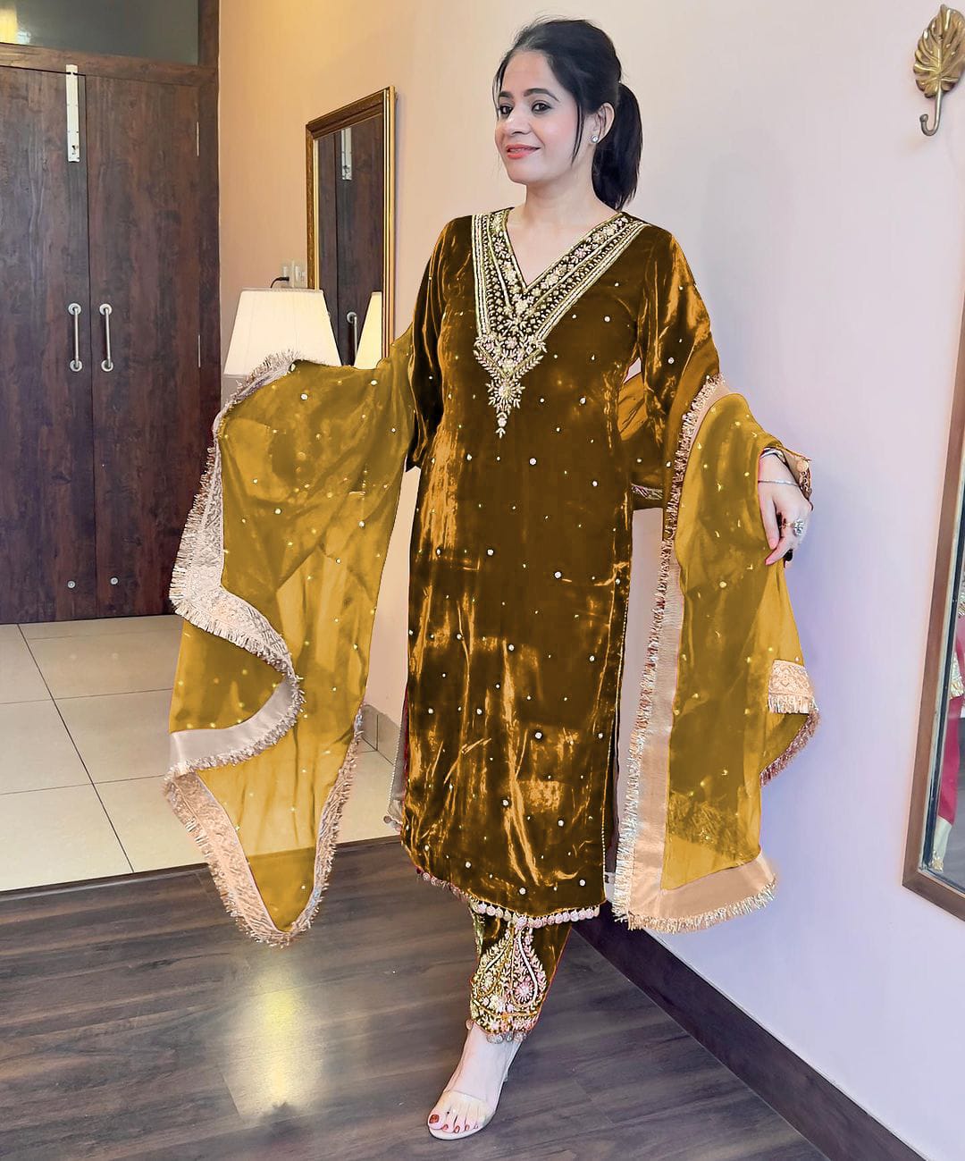 Golden Color Winter Velvet Suit – Ready to Wear (M–XXL) | Nardev Fashion