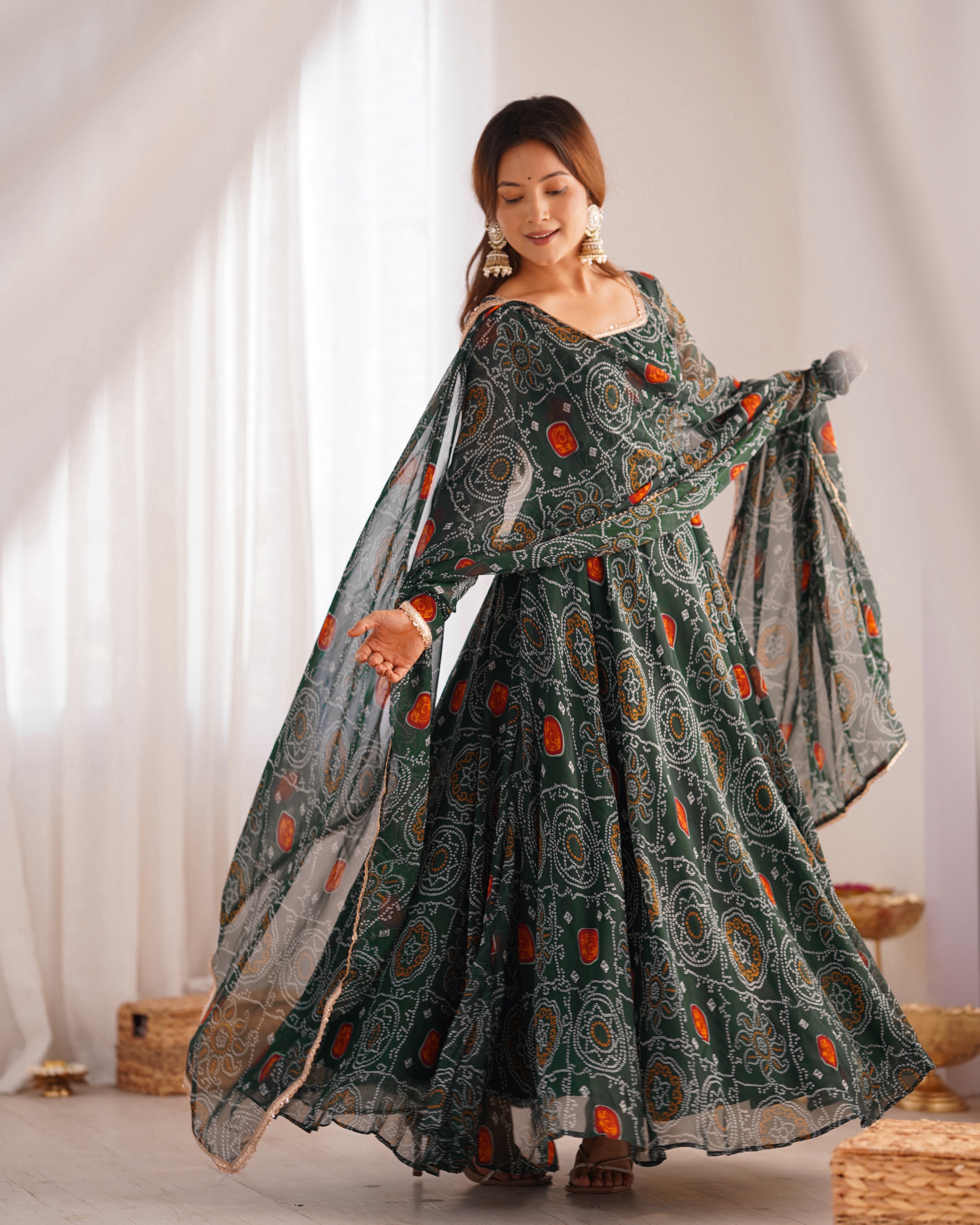 Green Color Chiffon Floral Anarkali | Nardev Fashion