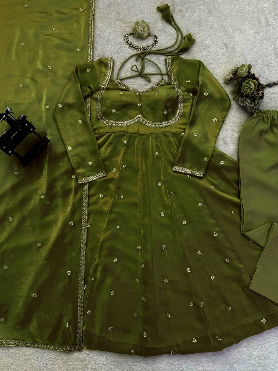 Green Color Fendy Silk Anarkali Suit | Nardev Fashion