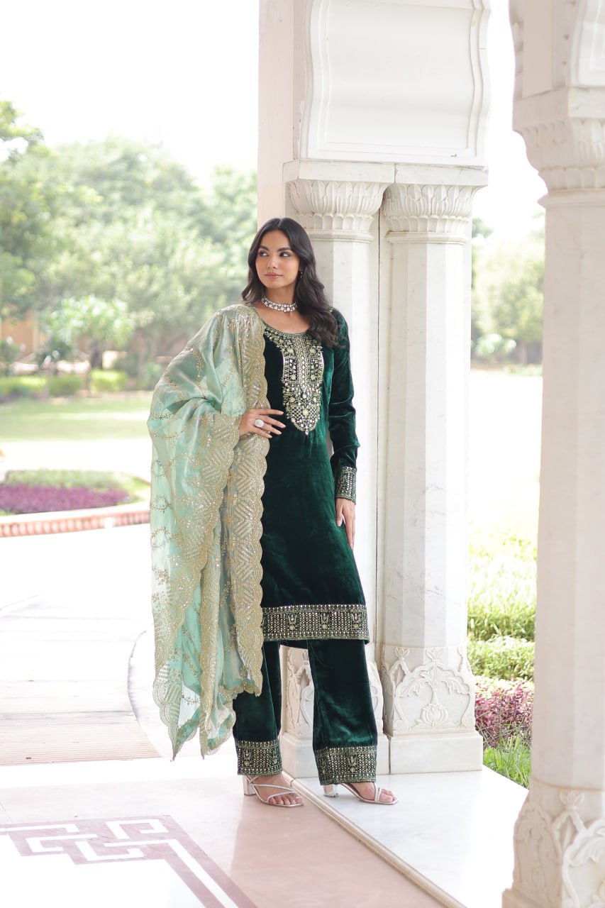 Green Color Velvet Sequins & Zari Embroidered 3-Piece Set | Nardev Fashion